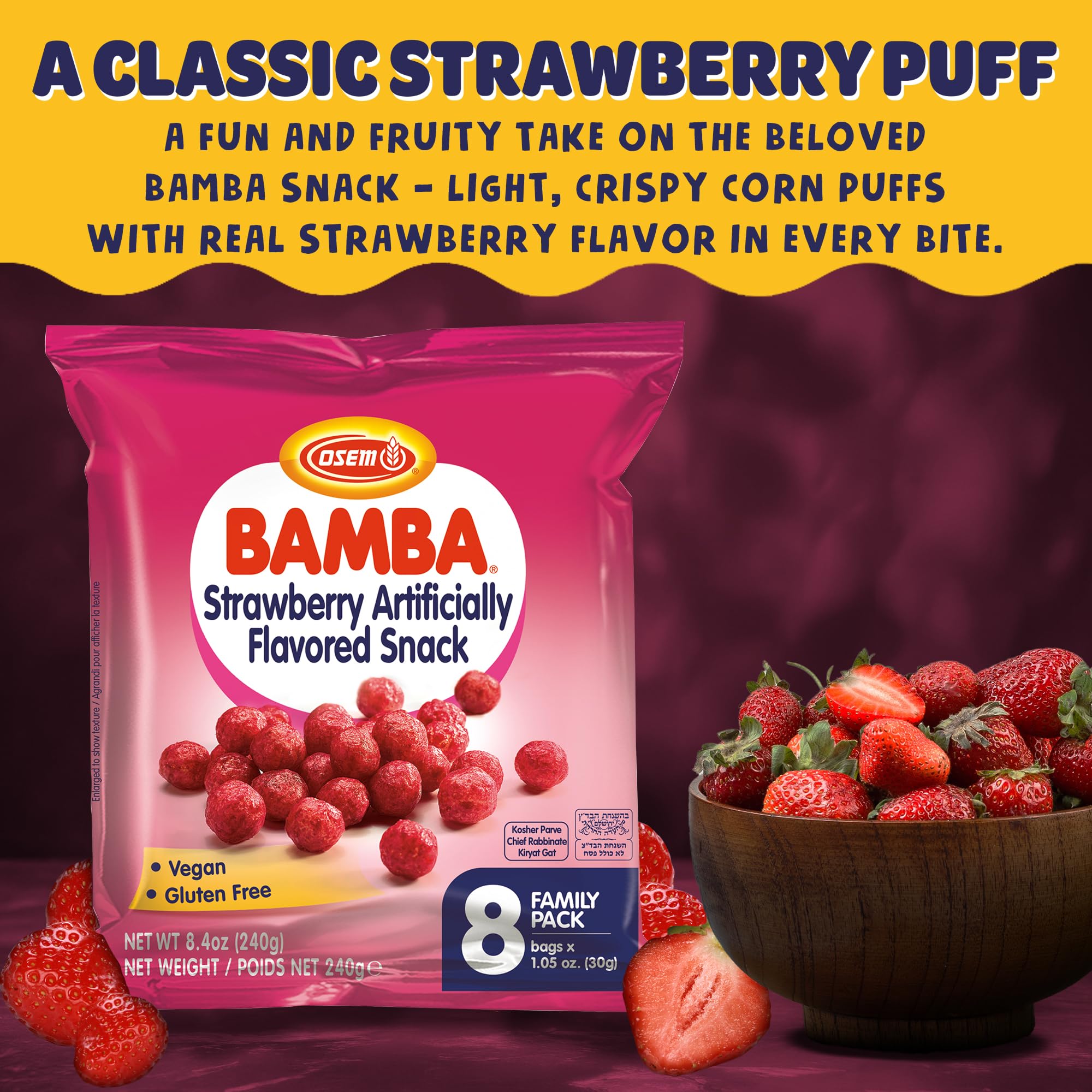 Osem Bamba Strawberry Flavored Snack - All Natural Sweet Red Strawberry Bamba Corn Puffs, for Adults and Kids, Convenient Family Pack - 1.05oz Bag