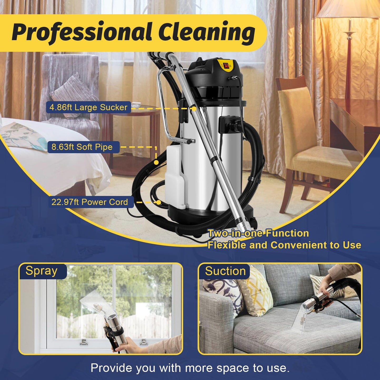 Wtobybt Carpet Cleaner, 110V 1049W 40L Carpet Cleaning Machine Multi-Purpose Wet Dry Upright Vacuum Floor Shampooer Machine with 3 Vacuuming Head