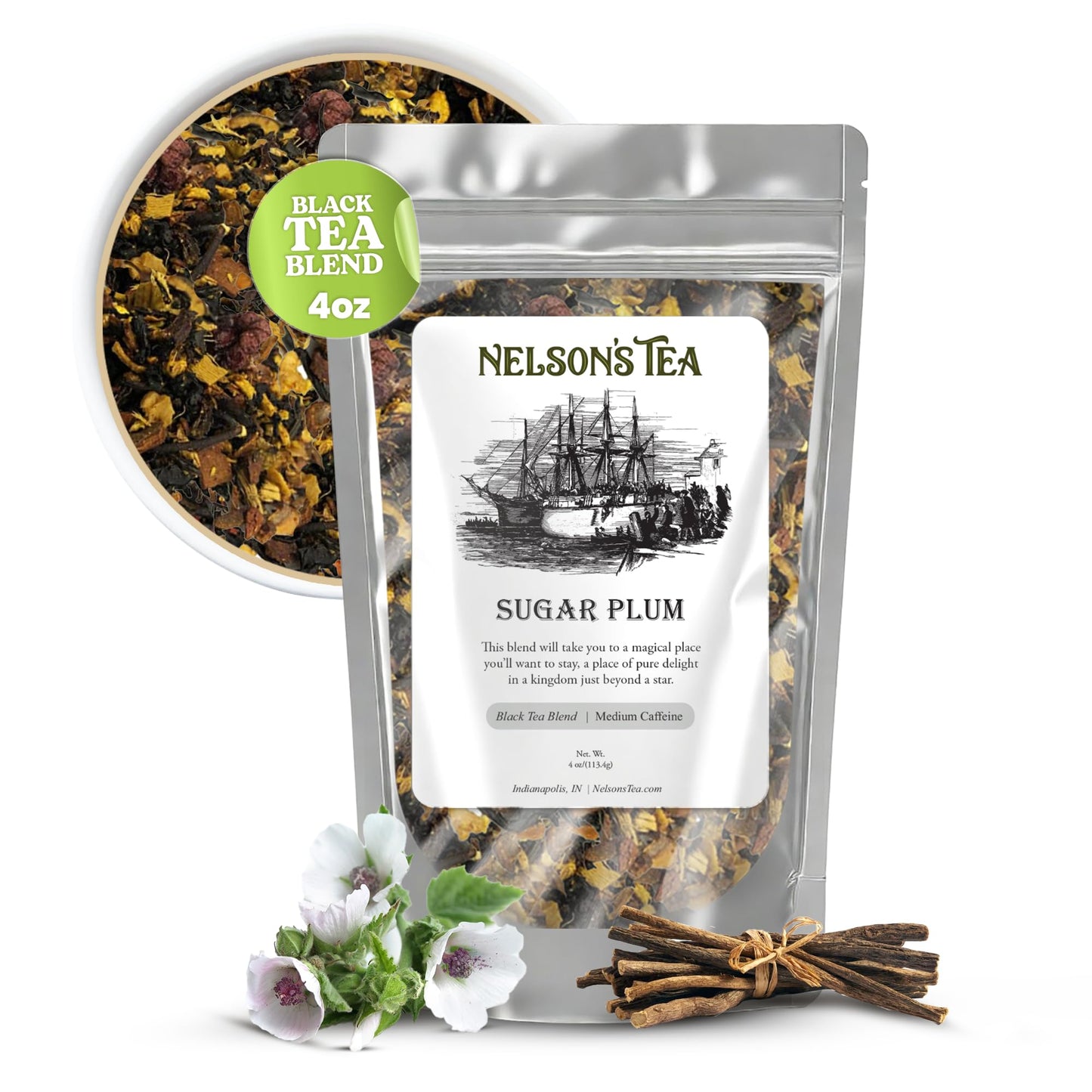 Nelson's Tea - Sugar Plum - Black tea, cinnamon, ginger root, anise star, licorice root, marshmallow root, orange peel, blackberries, allspice, clove