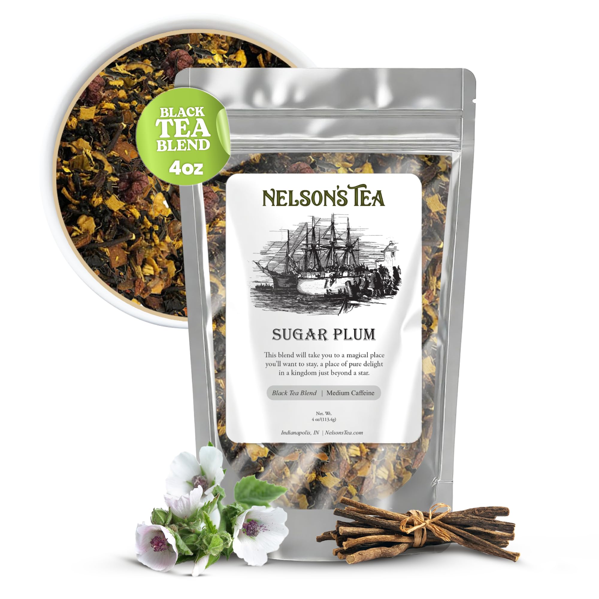 Nelson's Tea - Sugar Plum - Black tea, cinnamon, ginger root, anise star, licorice root, marshmallow root, orange peel, blackberries, allspice, clove