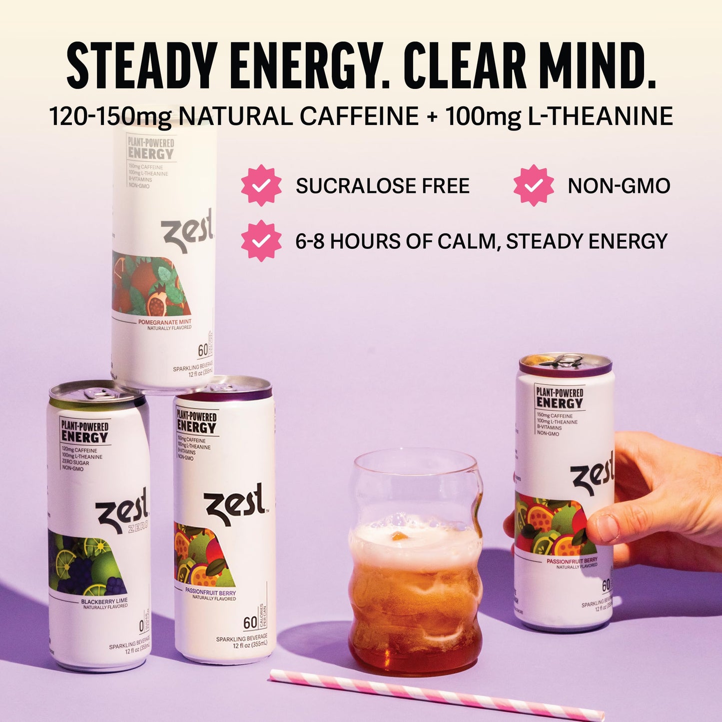 Zest Clean Energy Drinks Variety Pack - 3 Flavors - 120-150mg Caffeine + 100mg L-Theanine for Focus, Energy & Performance - Healthy Energy Drink 12oz