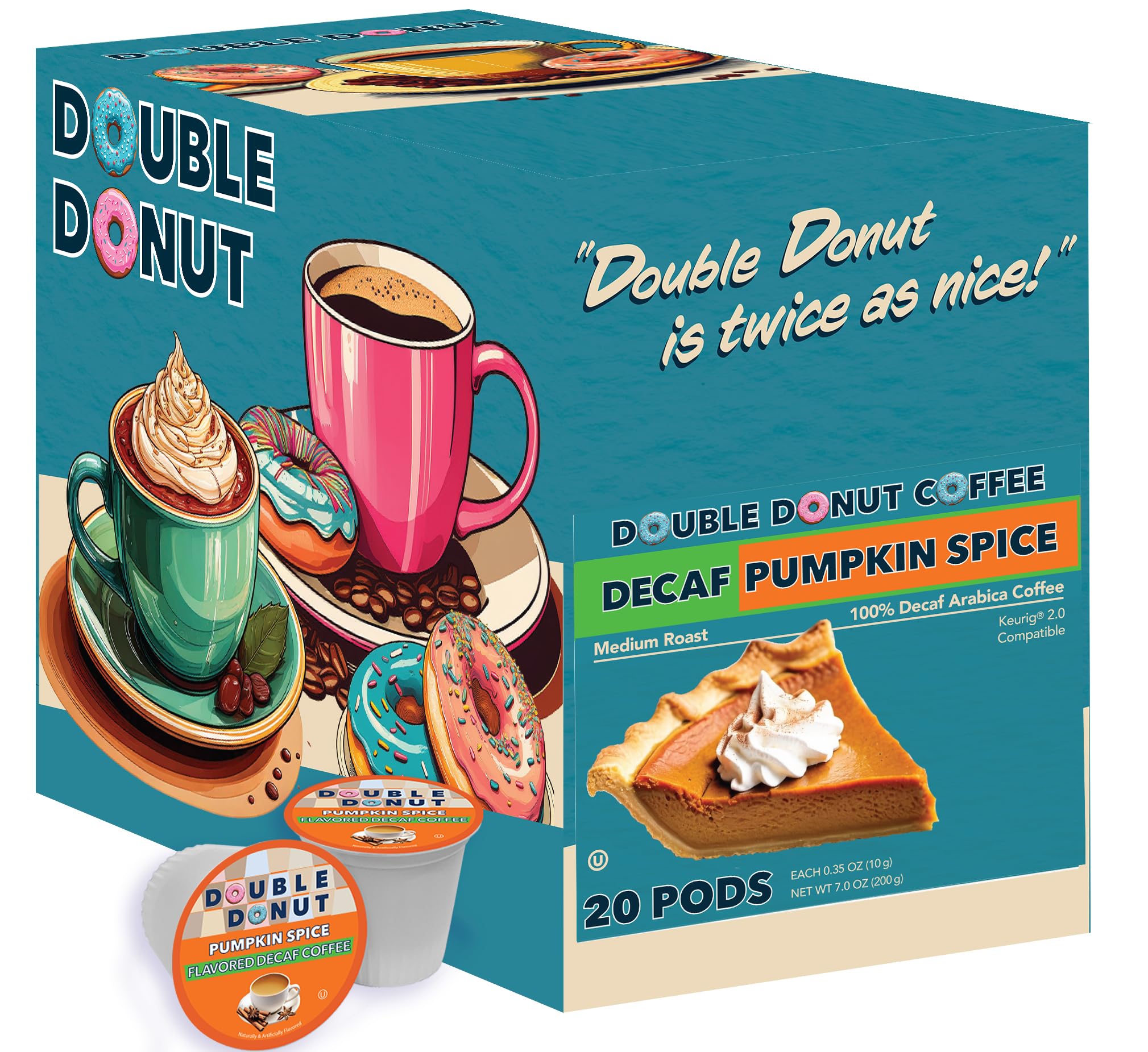 Double Donut Coffee Medium Roast Decaf Coffee Pods, Pumpkin Spice Flavored, for Keurig K-Cup Machines, 20 Single-Serve Capsules per Box