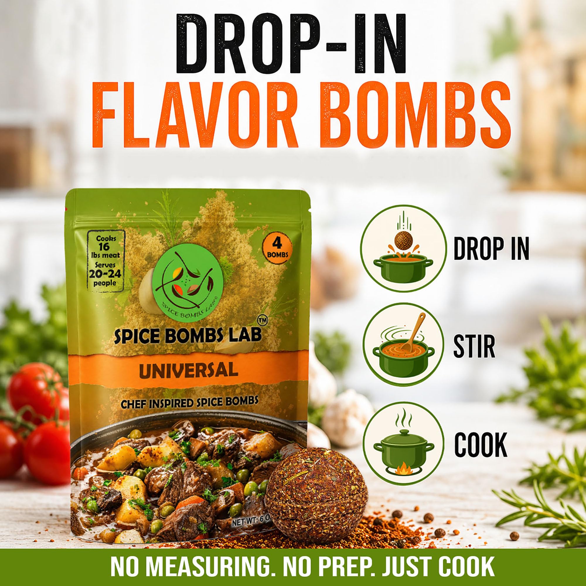 Universal Spice Bombs Seasoning Pack of 4 - Chef-Crafted All-Purpose Spice Mix, Drop-In Flavor for Soups, Stews & Marinades, Pre-Portioned for Easy