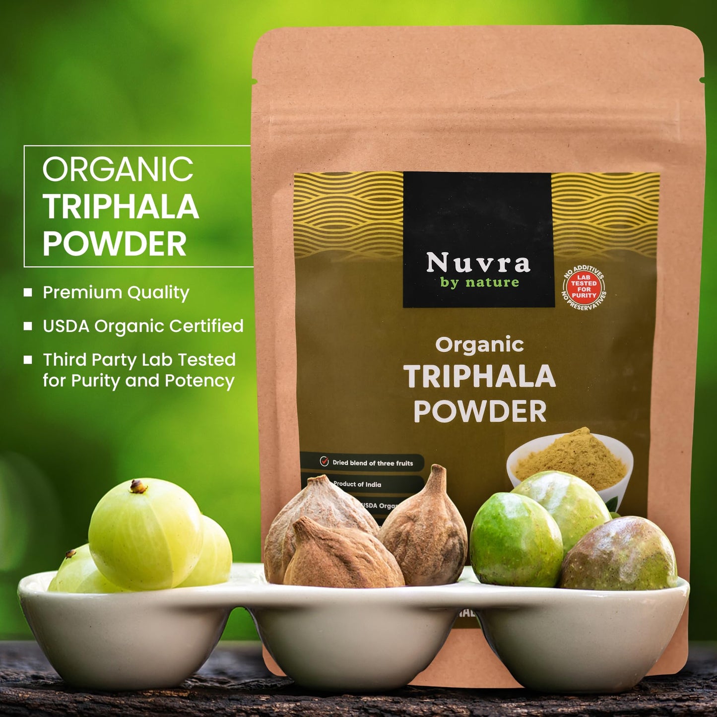 Nuvra by Nature Organic Triphala Powder - 8 oz | Herbal Mix of Amla, Bibhitaki and Haritaki | 100% Pure & Natural | Supports Immunity and Gut Health |