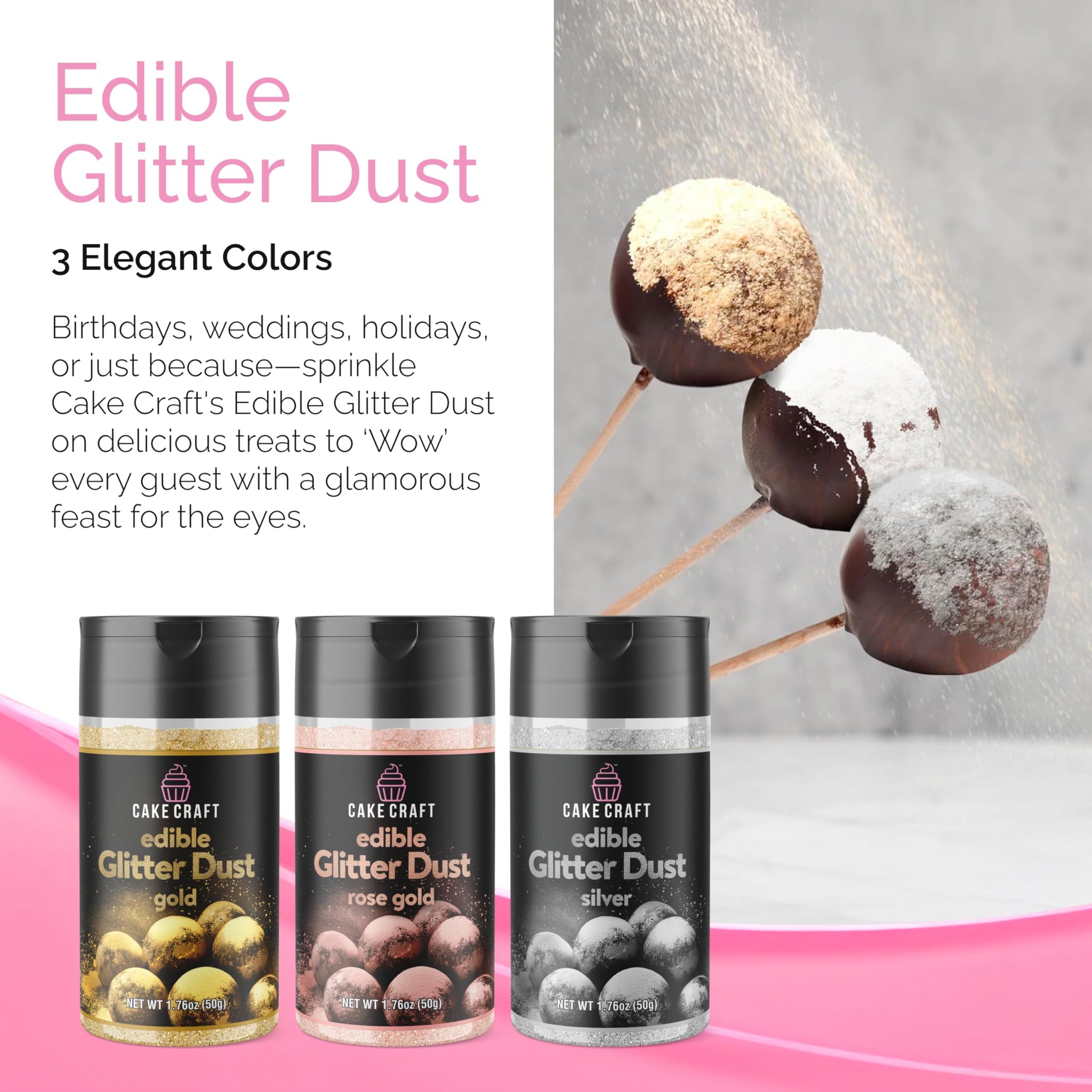 Cake Craft Edible Glitter Dust 3-Pack | 100% Edible Food-Safe Glitter for Cakes, Cupcakes, Cocktails & Desserts | Gold, Silver, Rose Gold