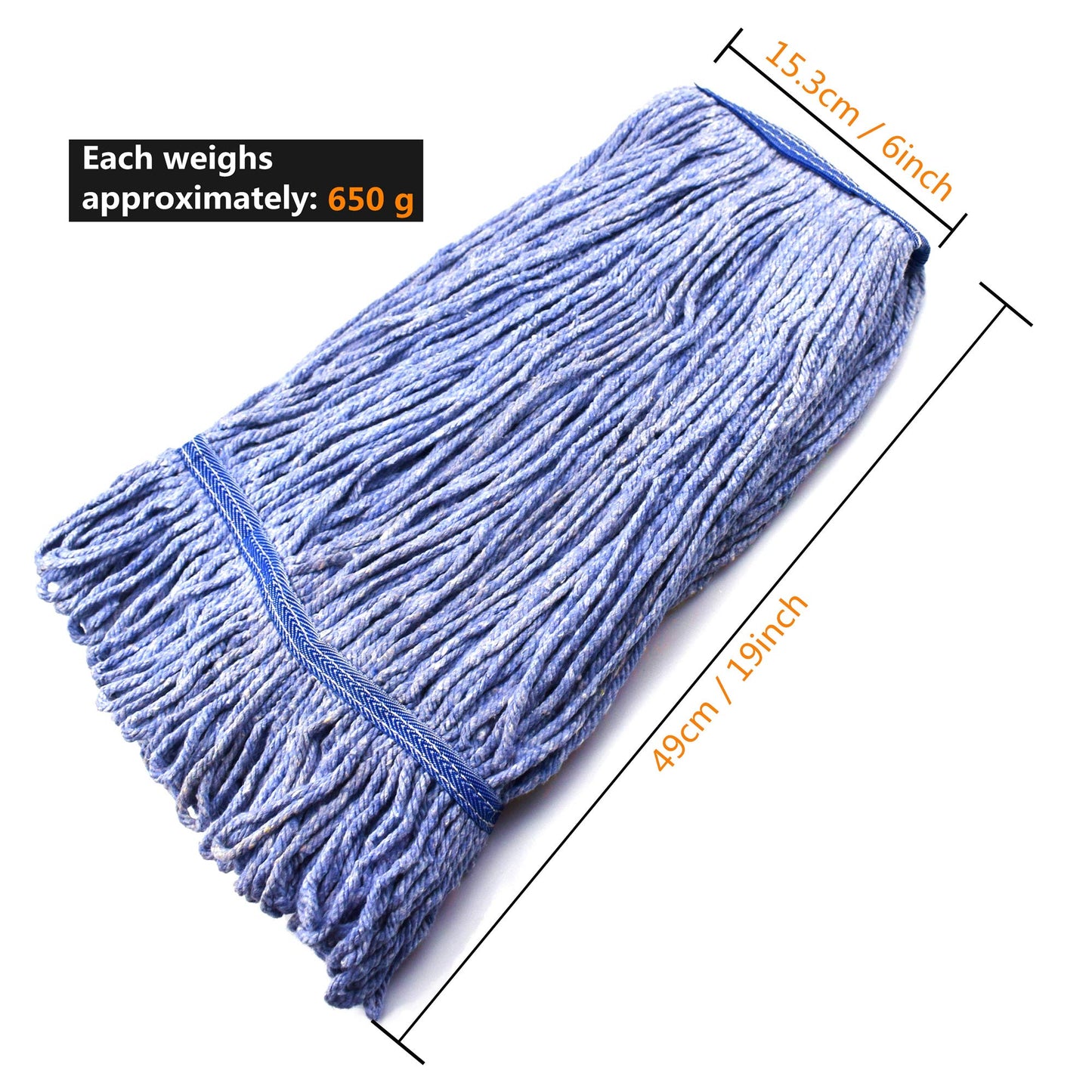 String Mop Heads Replacement Heavy Duty Commercial Grade Blue Cotton Looped End Wet Industrial Cleaning Mop Head Refills (6, Large)