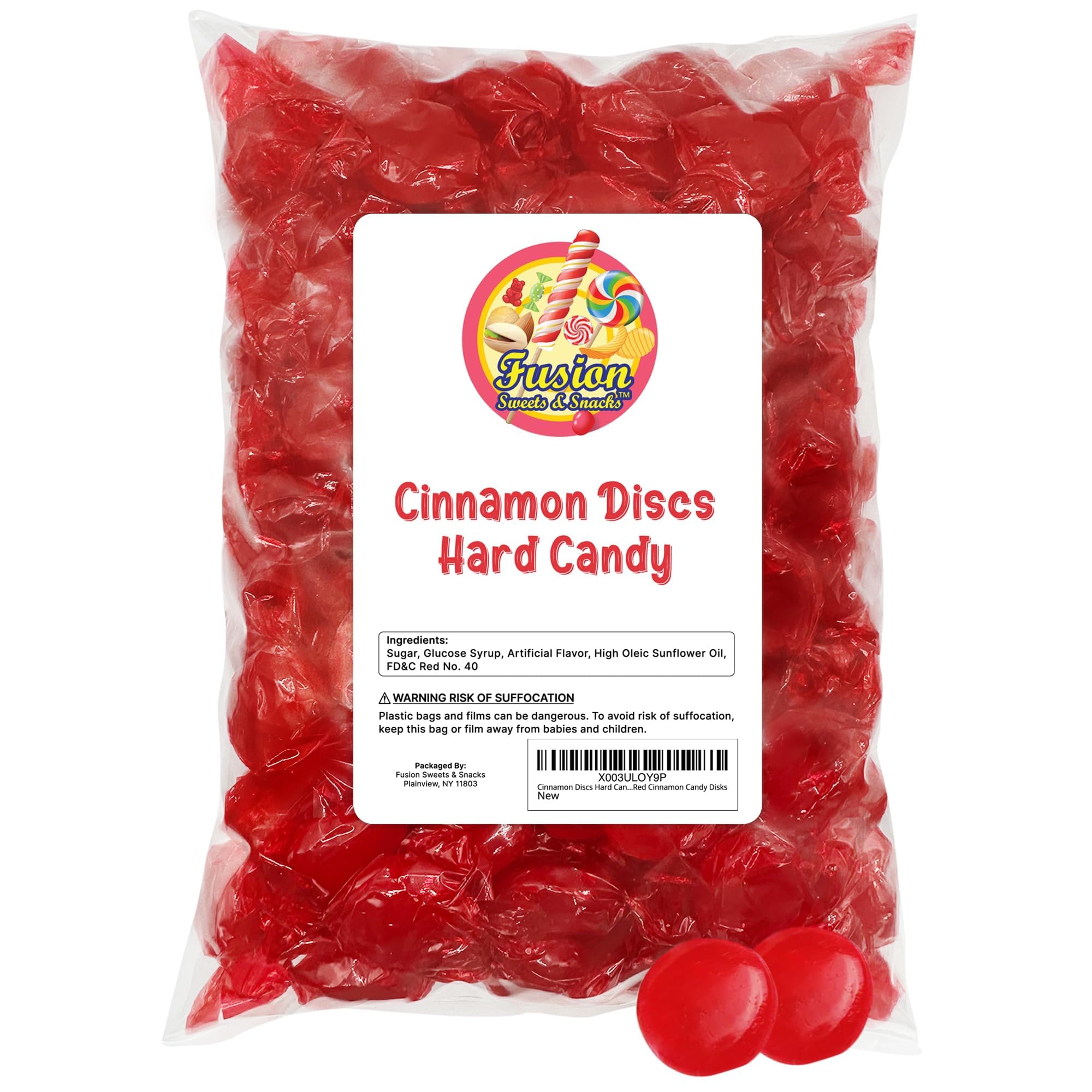 Cinnamon Discs Hard Candy - Bulk 2 Pounds Individually Wrapped Red Cinnamon Candy Disks (Approx 150 Pieces) - Holiday Bulk Fiery Candy