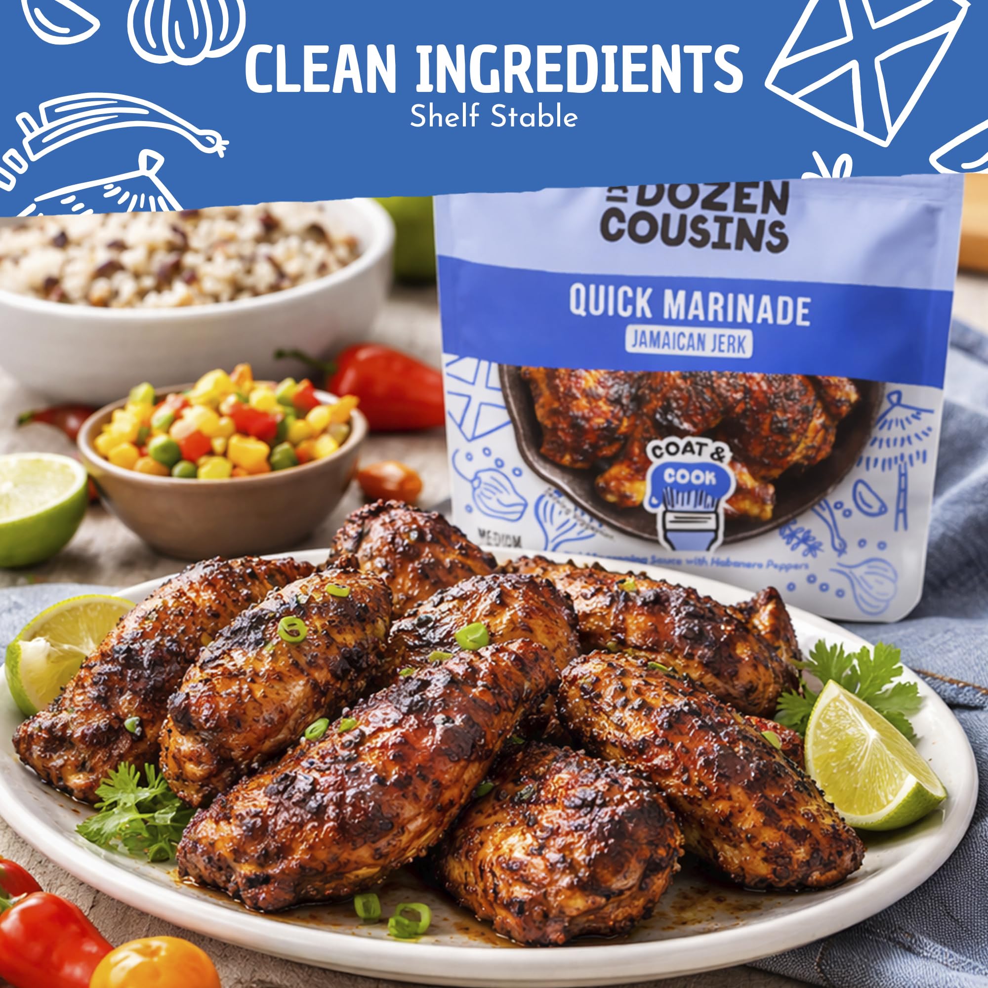 A Dozen Cousins Jamaican Jerk Seasoning Sauce (10-Pack) Quick Chicken Marinade Pouch, Caribbean Jerk Marinade with Hot Peppers, Onion, and Garlic