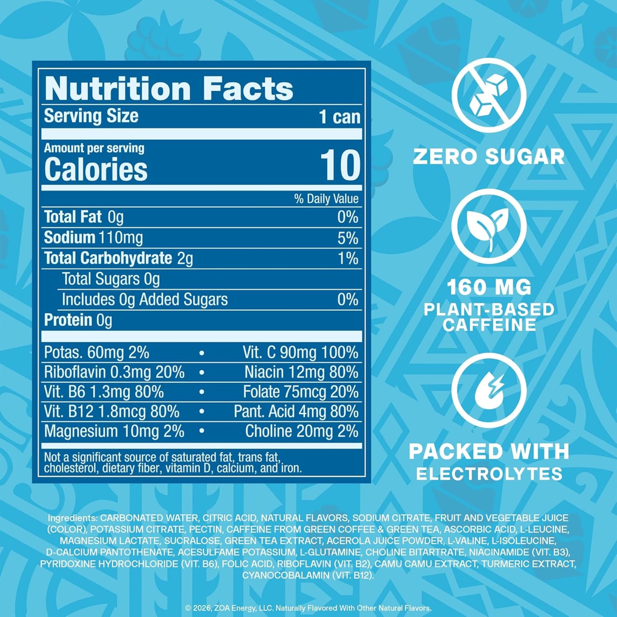 ZOA Sugar Free Energy Drink with Electrolytes, Blue Raspberry Shave Ice, Vitamin C, B Vitamins + Amino Acids, 160 mg Green Tea Caffeine, Zero Sugar