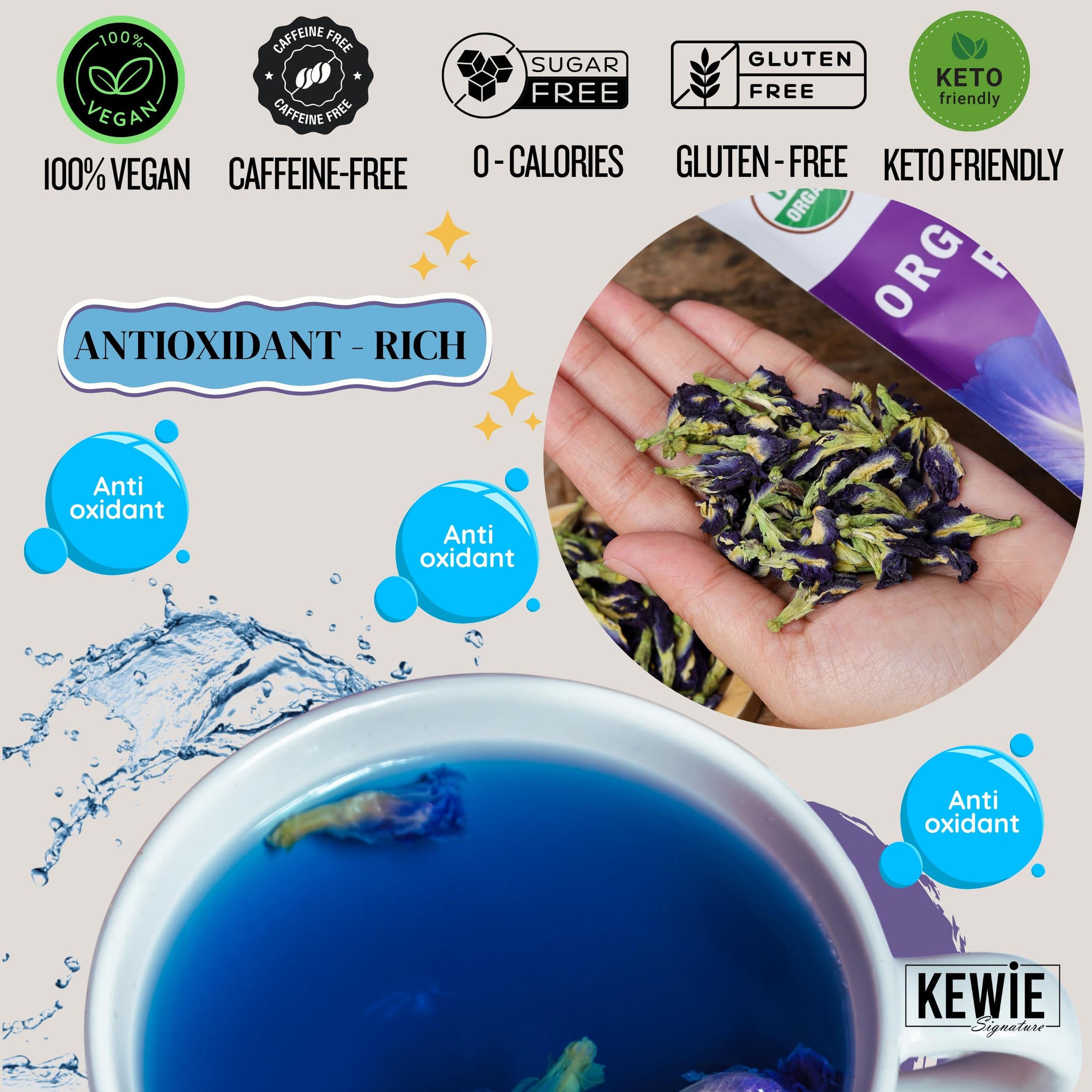 KEWIE Signature Butterfly Pea Flower Tea - 2oz Premium-Grade Blue Butterfly Pea Flower Organic Loose Leaf Tea - Caffeine-Free, USDA Organic - Natural