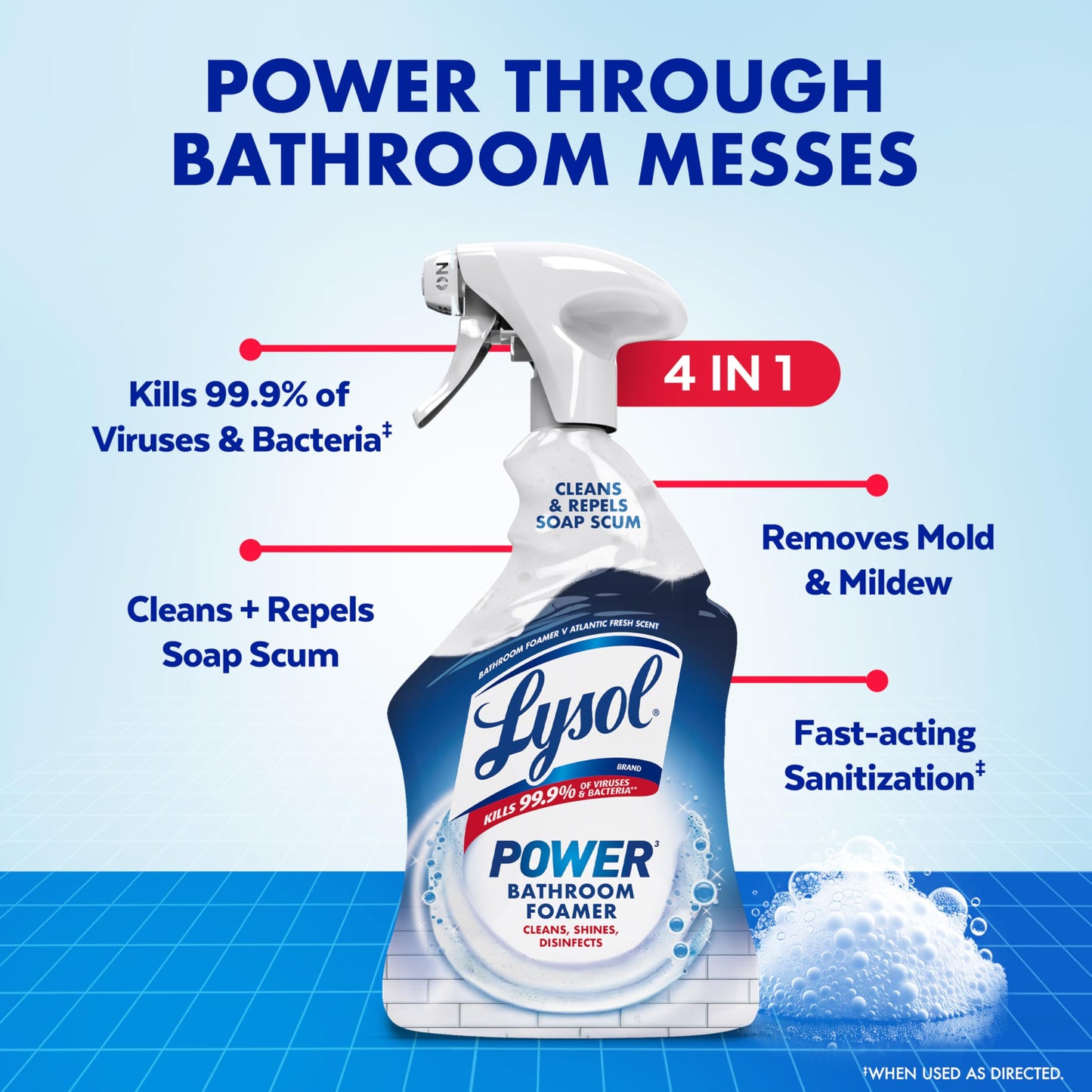 Lysol Power Foaming Bathroom Cleaner, Multipurpose Cleaner for Showers, Bathtubs, Sinks, Disinfectant Spray Kills 99.9% of Germs, Zero Bleach Cleaning