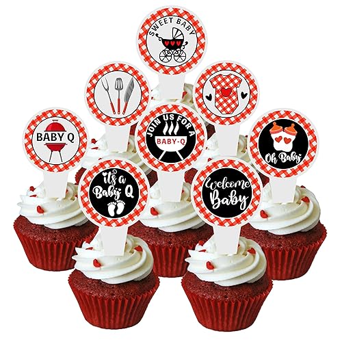 Deneo 40 Pcs Baby Q Cupcake Topper - Pastel Patterned, 2" x 3.2", Perfect for Baby Shower, Birthday, Summer Barbecue & Picnic Parties