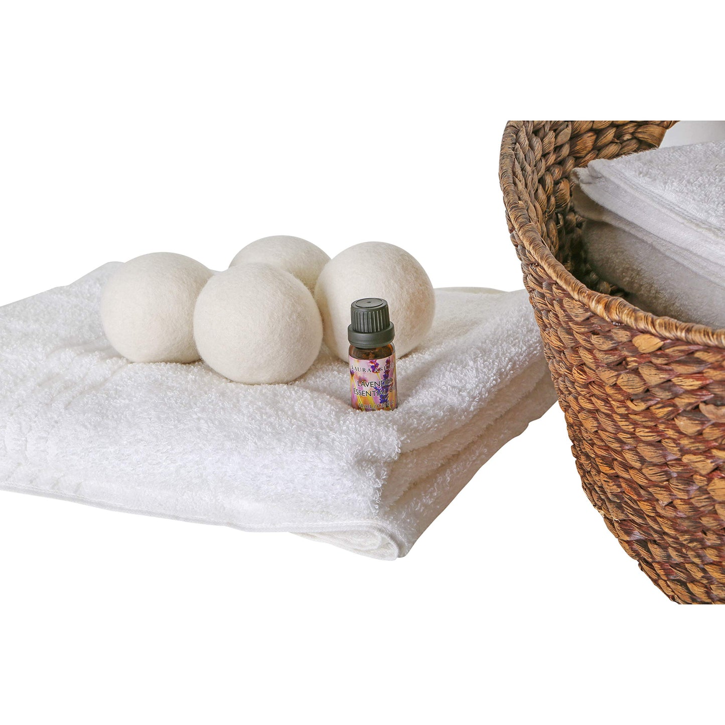 Laura Ashley 4 Pack Reusable Wool Dryer Balls and Lavender Essential Oil Kit to Soften Clothes in Dryer and Reduce Wrinkles and Static