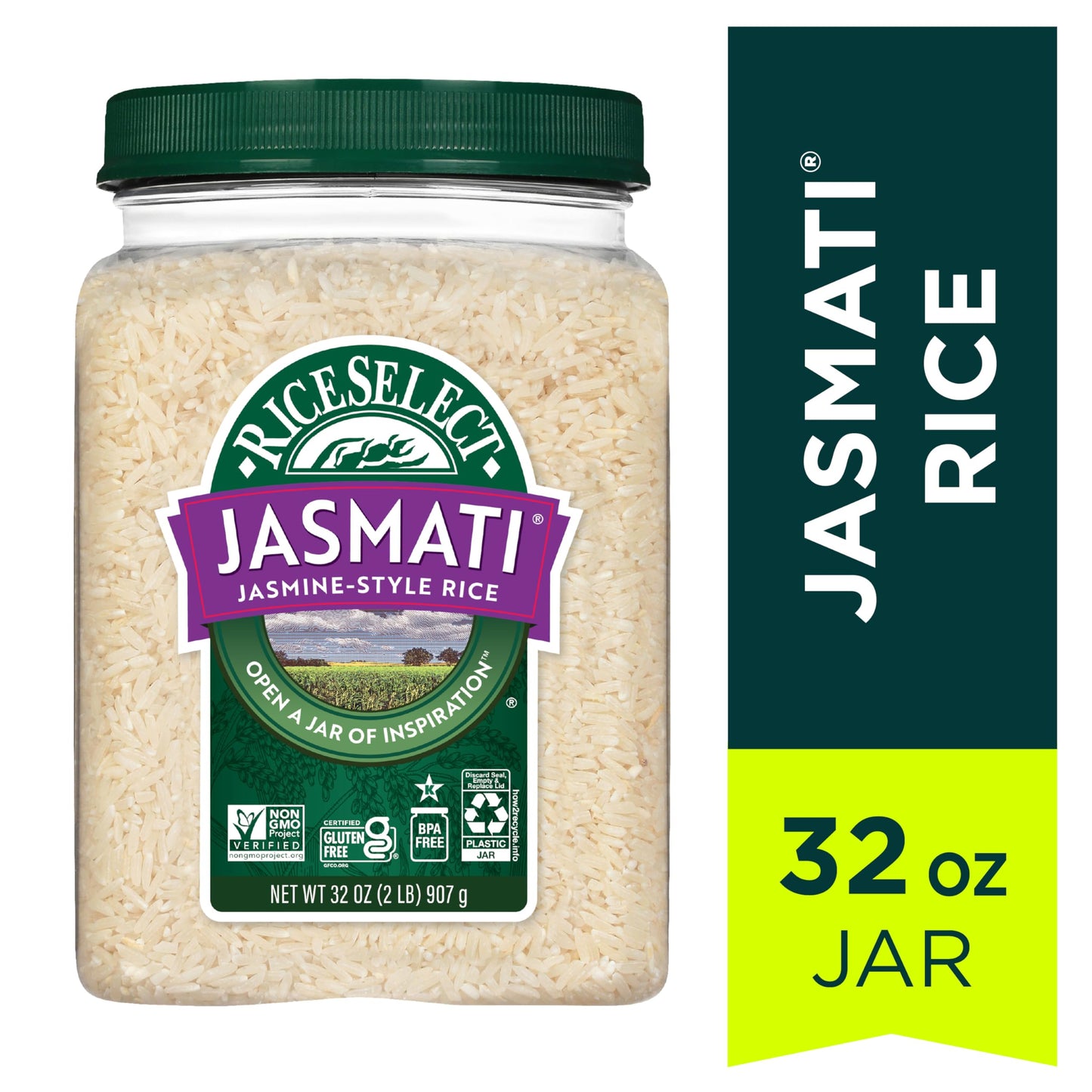 RiceSelect Jasmati Rice, Premium Long Grain Aromatic American Jasmine Rice, Gluten-Free, Non-GMO, Kosher, 32oz Jar (Pack of 1)