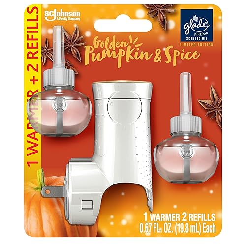 Glade PlugIns Refills Air Freshener Starter Kit, Scented and Essential Oils for Home and Bathroom, Golden Pumpkin & Spice, 1.34 Fl Oz, 1 Warmer + 2