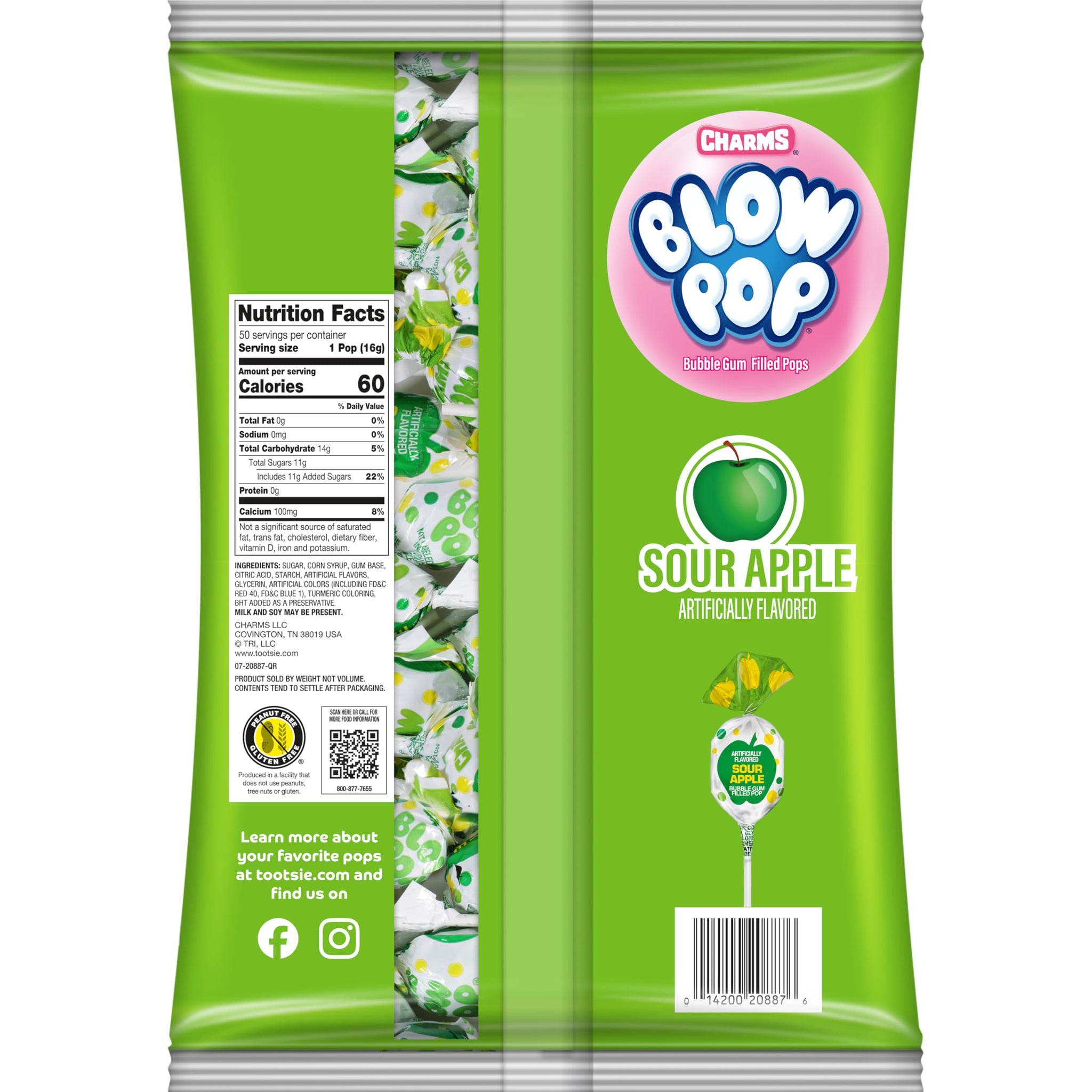 Charms Blow Pop Single Flavor Bag - Sour Apple Flavored Lollipops with a Bubble Gum Center - Individually Wrapped Hard Candy - Green Candy - Peanut