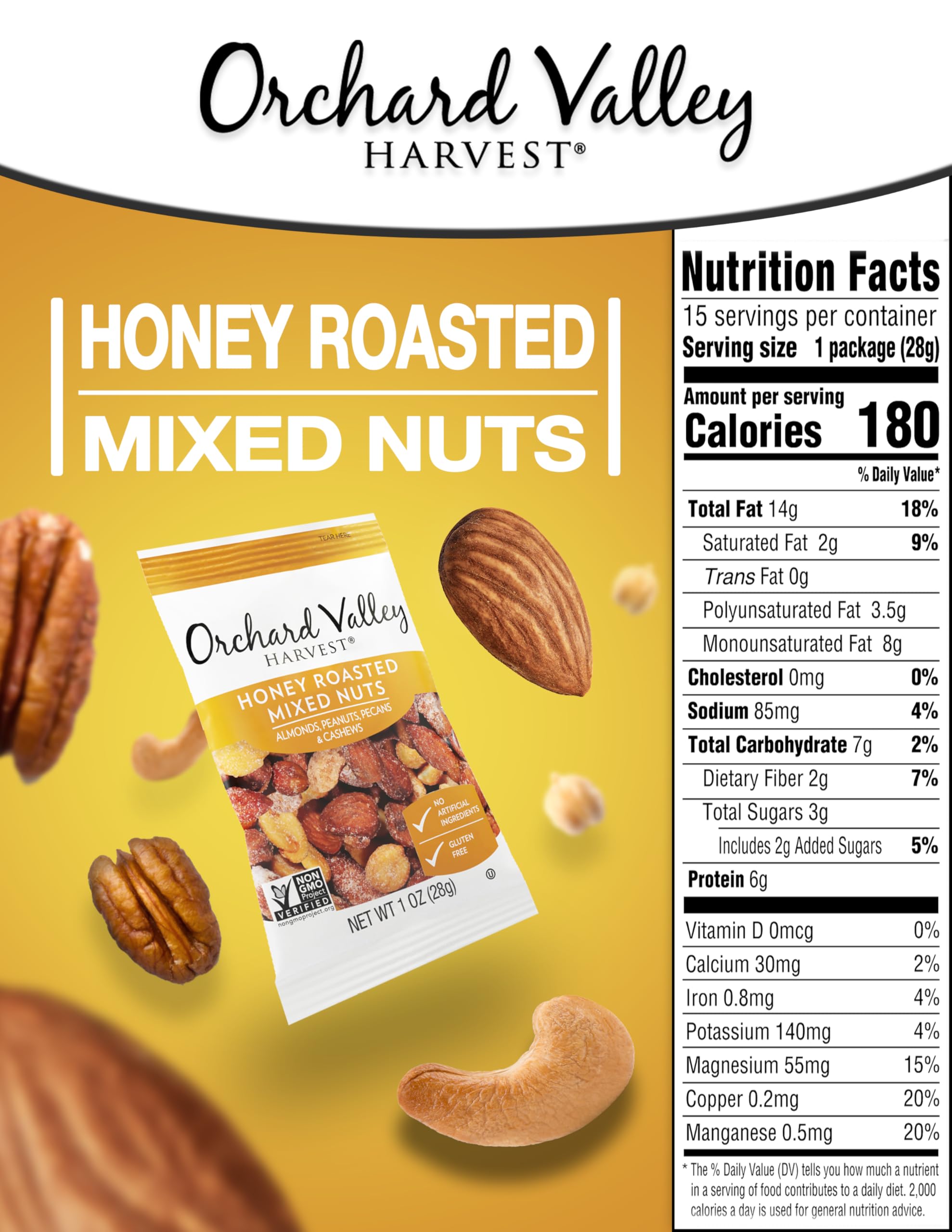 Orchard Valley Harvest Honey Roasted Mixed Nuts, 1 Ounce Bags (Pack of 15), Almonds, Peanuts, Pecans, and Cashews, Gluten Free, Non-GMO, No Artificial