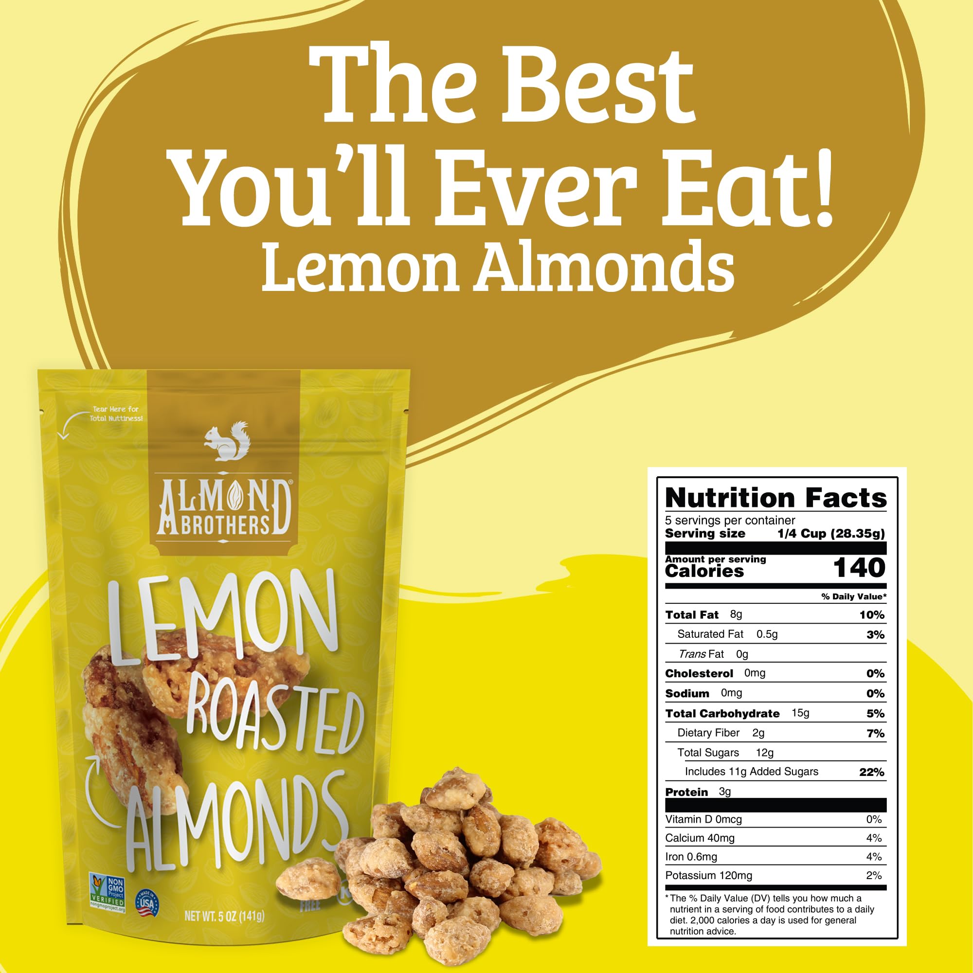 Almond Brothers Roasted Almonds - Pack of 3, 5 oz - Hand Crafted Lemon Glazed Almonds, Gluten-Free, Non-GMO