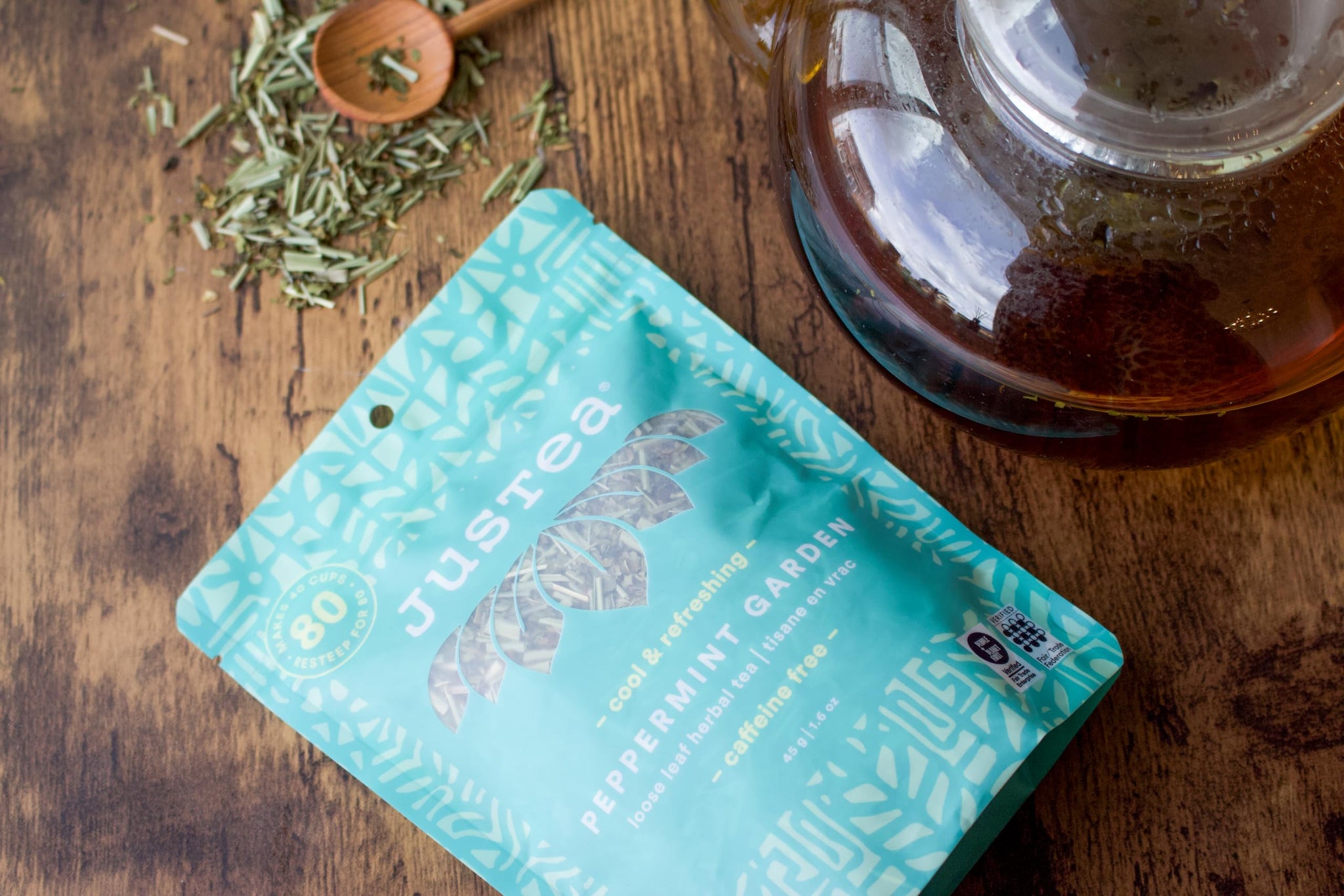 JusTea PEPPERMINT GARDEN | Loose Leaf Herbal Tea | Recyclable Refill Pouch | 40+ Cups (1.6oz) | Caffeine Free | Award-Winning | Fair Trade | Non-GMO |