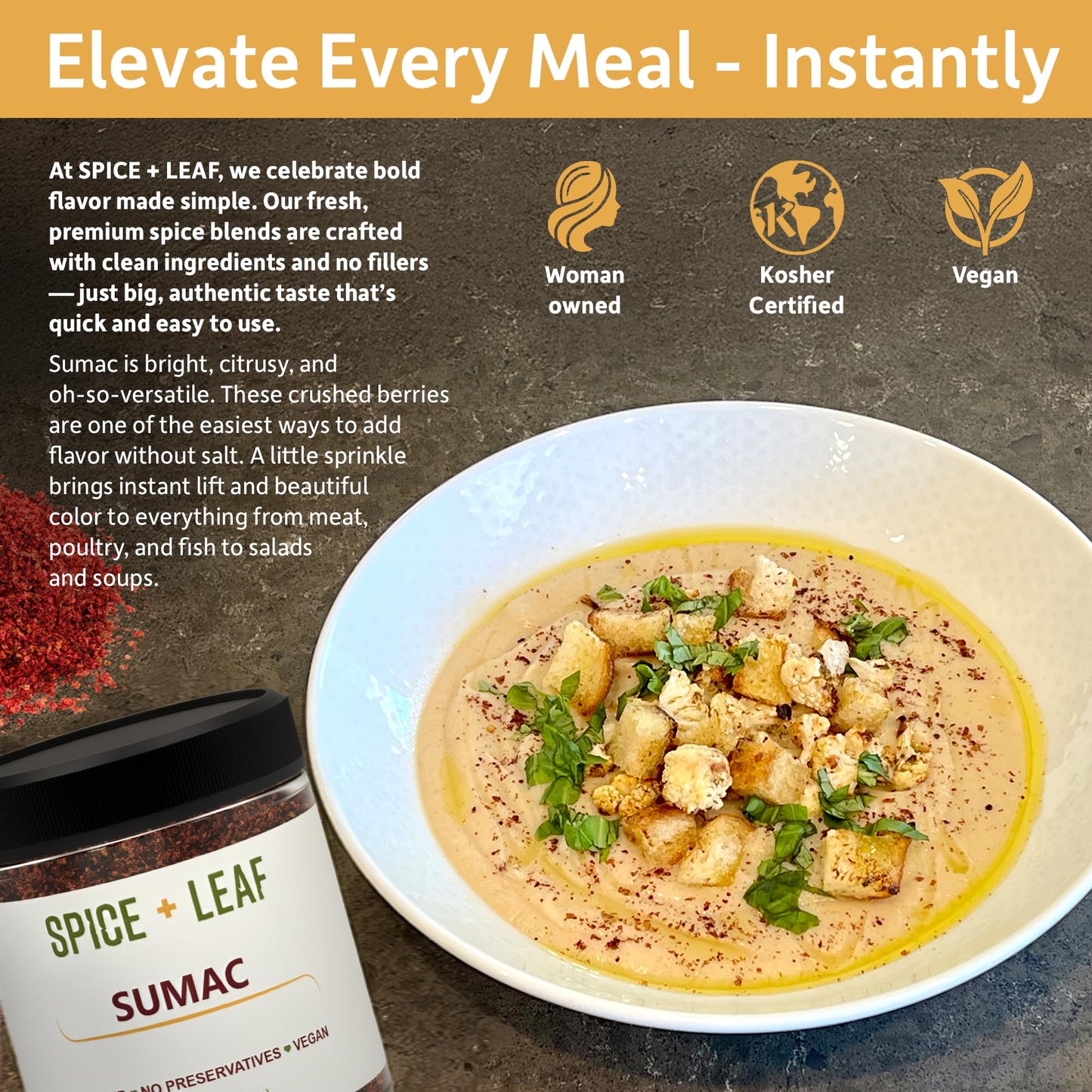 Premium Ground Sumac Spice by SPICE + LEAF - Vegan Kosher Preservative Free Red Middle Eastern Ground Herb, 3.5 oz.