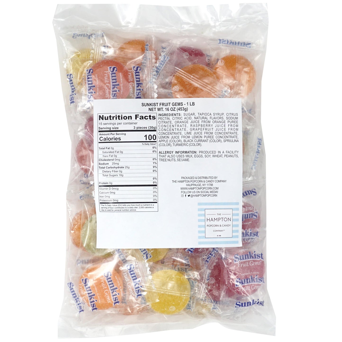 SunkistFruit Gems, 1 Pound Bulk Bag, Fruit Gems, Soft Candy Individually Wrapped
