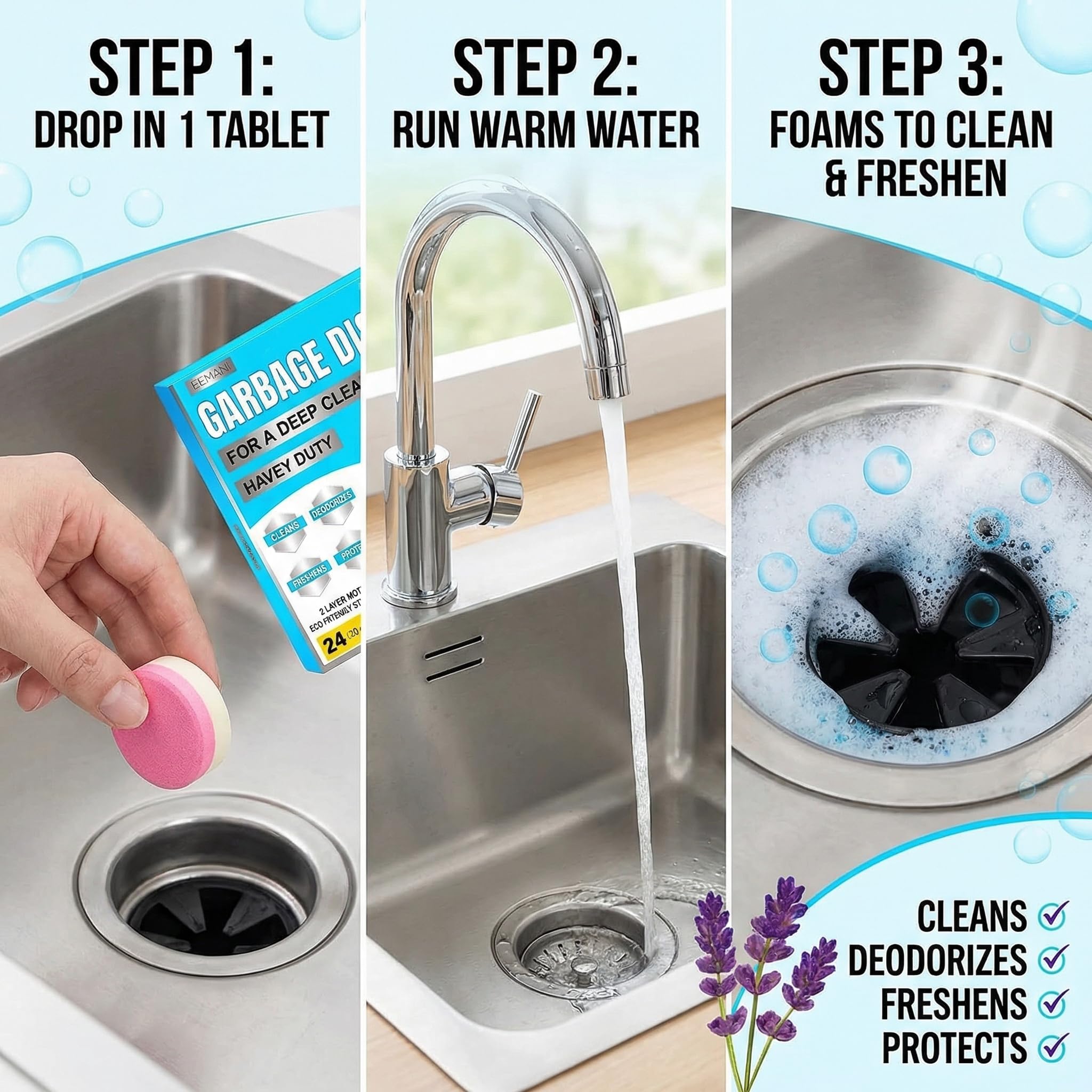 EEMANI Garbage Disposal Cleaner Tablets 24 Pack - 20g Large Foaming Lavender Scent, Sink & Drain Freshener for Kitchen, Deep Cleaning - 1 Year Supply