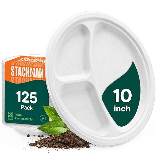 100% Compostable, 3 Compartment [10-Inch] Disposable Paper Plates [125-Pack] Sectional Lunch Trays + Dividers - Divided Platter Tray - Heavy Duty