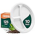 100% Compostable, 3 Compartment [10-Inch] Disposable Paper Plates [125-Pack] Sectional Lunch Trays + Dividers - Divided Platter Tray - Heavy Duty