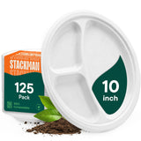 100% Compostable, 3 Compartment [10-Inch] Disposable Paper Plates [125-Pack] Sectional Lunch Trays + Dividers - Divided Platter Tray - Heavy Duty