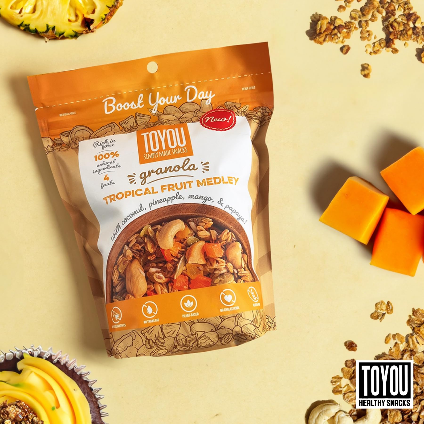 ToYou Snacks Gluten Free Granola, Fruit and Granola Cereal | Tropical Fruit Medley - 12 Ounce (Pack of 1) | Plant Based, Vegan, Healthy Snacks