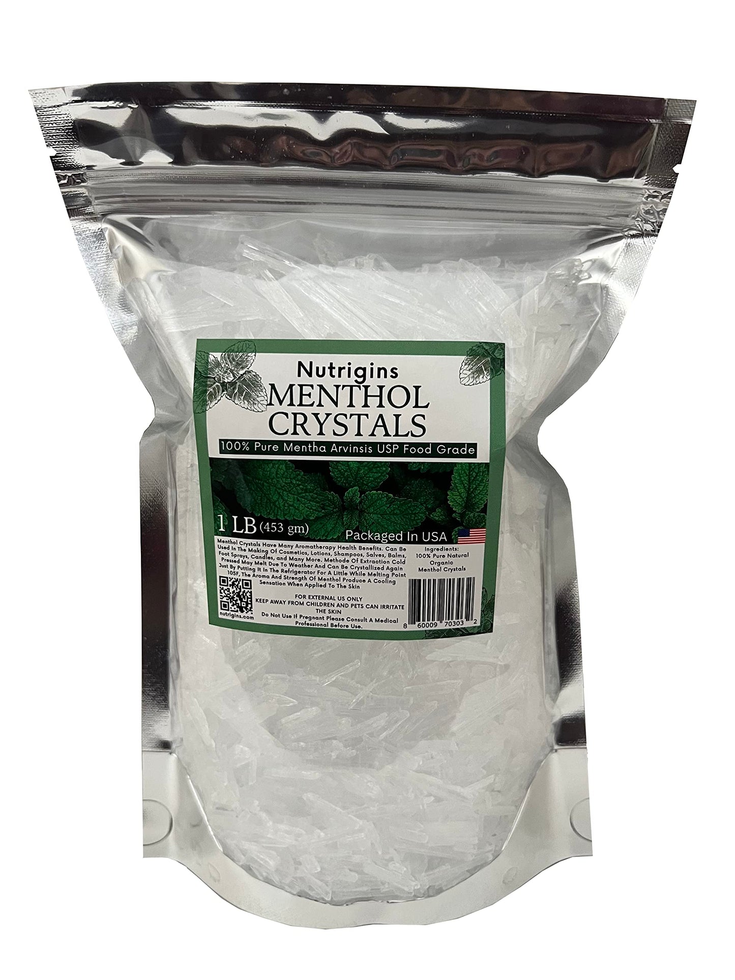 Nutrigins Menthol Crystal 1 LB - Pure Organic 100% Natural - Menthol Crystals from Mint Crystal Mints Mentha Arvensis - Comes in Resealable Standup