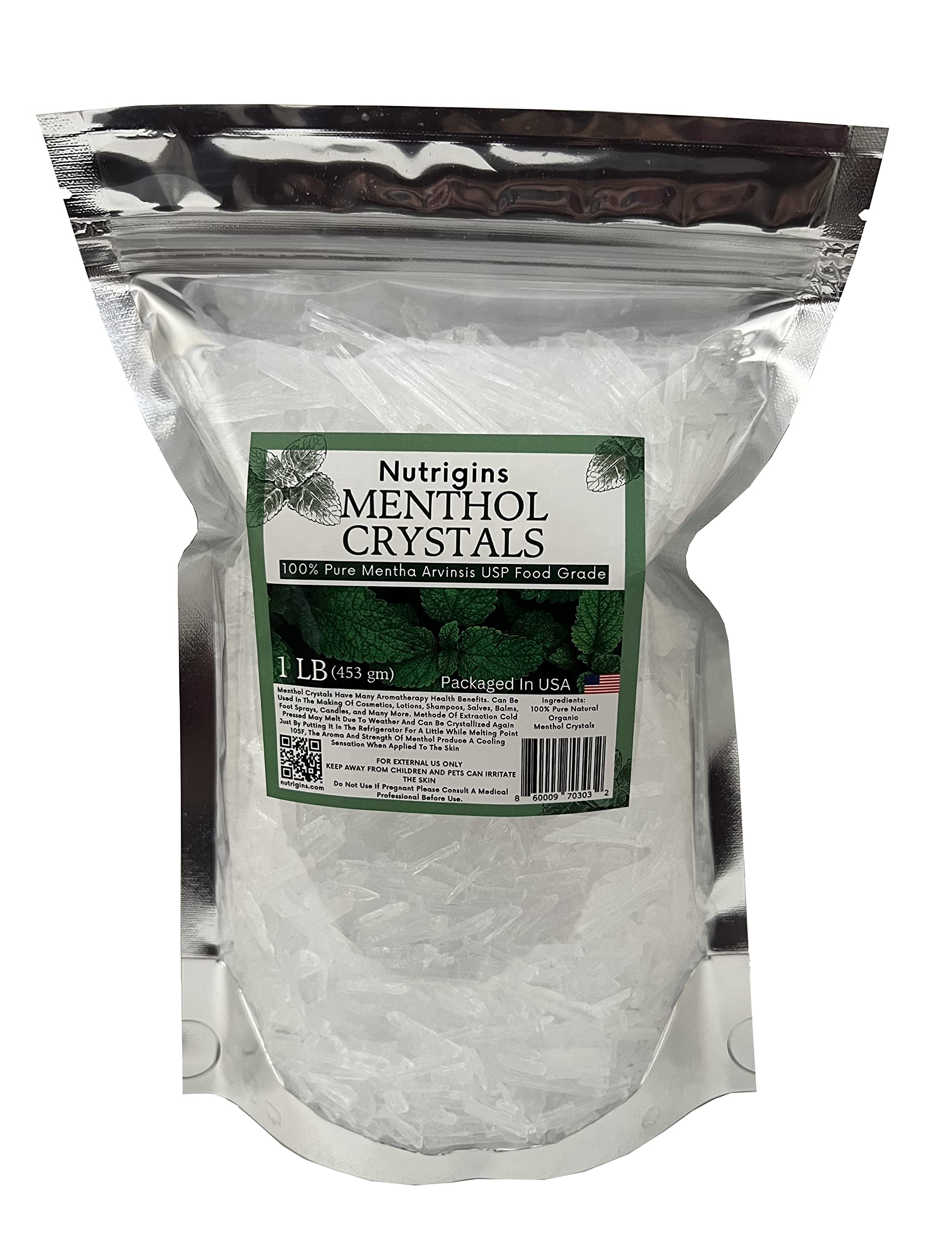 Nutrigins Menthol Crystal 1 LB - Pure Organic 100% Natural - Menthol Crystals from Mint Crystal Mints Mentha Arvensis - Comes in Resealable Standup
