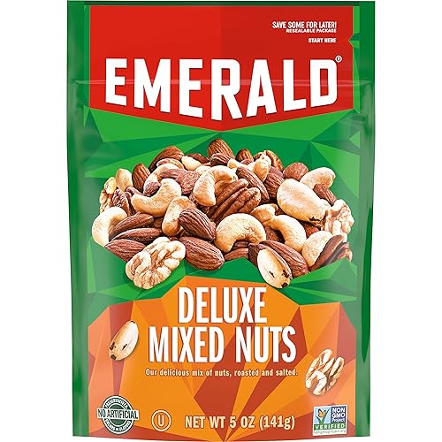 Emerald Salted Deluxe Mixed Nuts (1-Pack) | 5oz Resealable Bulk Bag | Cashews, Almonds, Walnuts, Brazil Nuts, Pecans | Plant-Based Protein | No