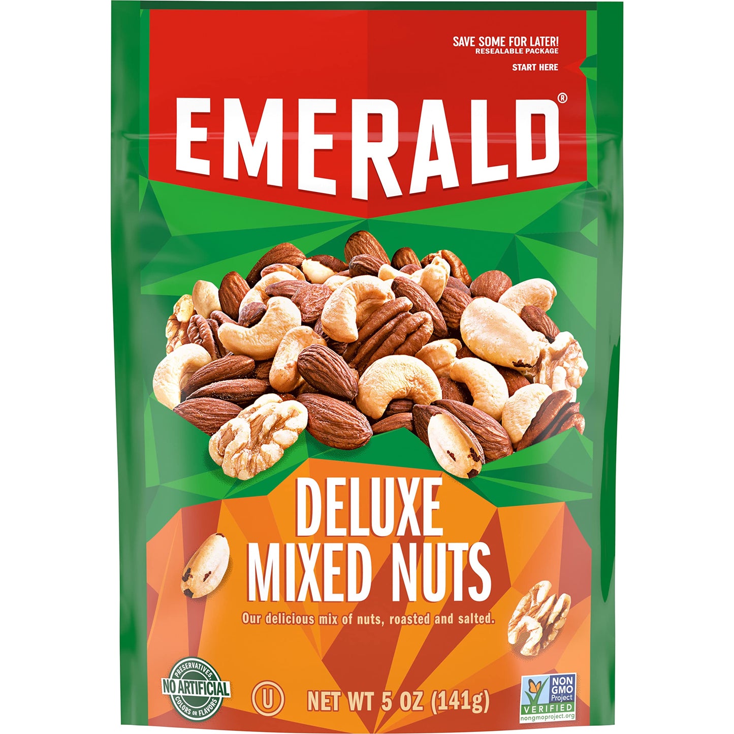 Emerald Salted Deluxe Mixed Nuts (1-Pack) | 5oz Resealable Bulk Bag | Cashews, Almonds, Walnuts, Brazil Nuts, Pecans | Plant-Based Protein | No