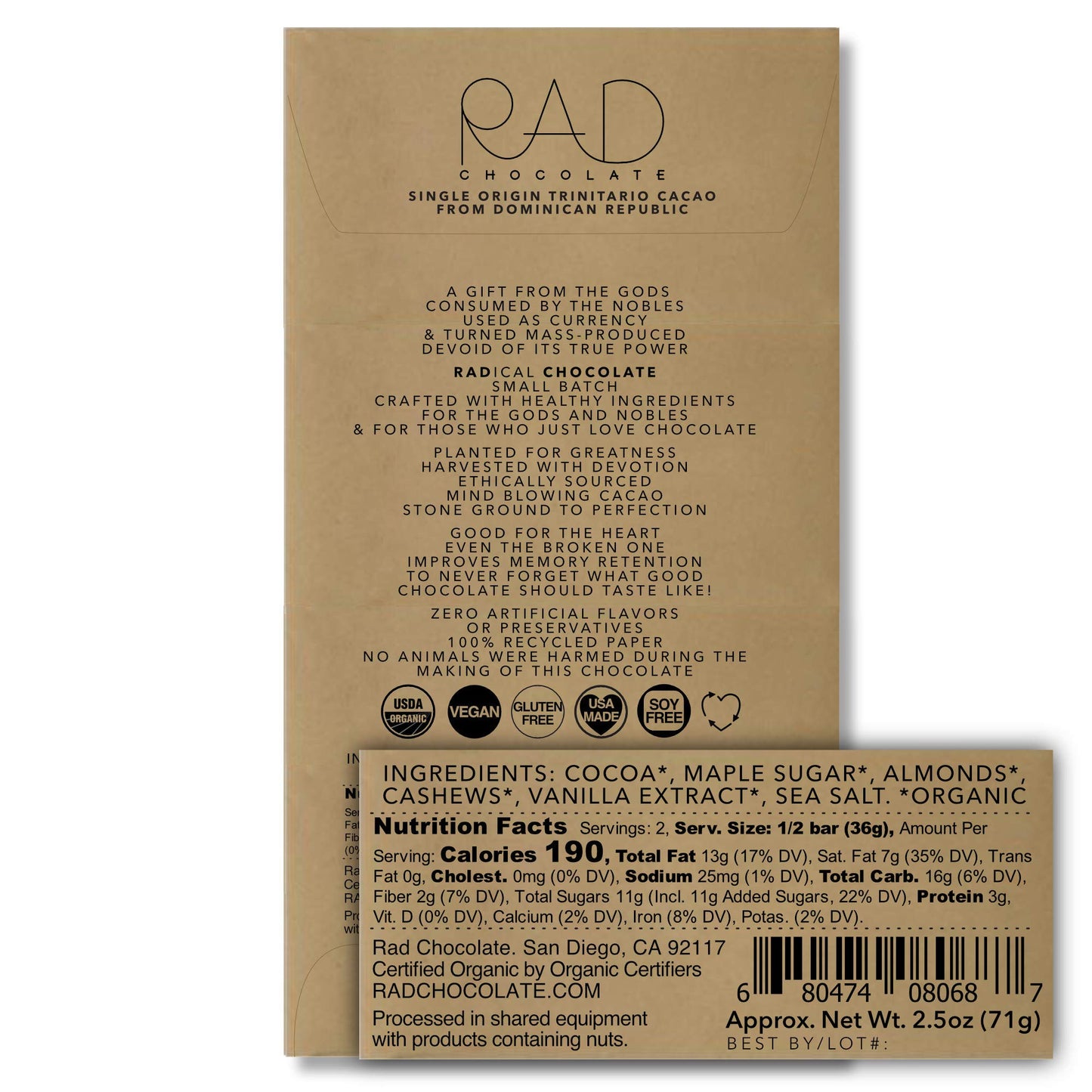 Rad Chocolate Vegan Milk Chocolate Maple Sugar | 3 pack | Certified Organic | Gluten & Soy Free Chocolate | Paleo Friendly