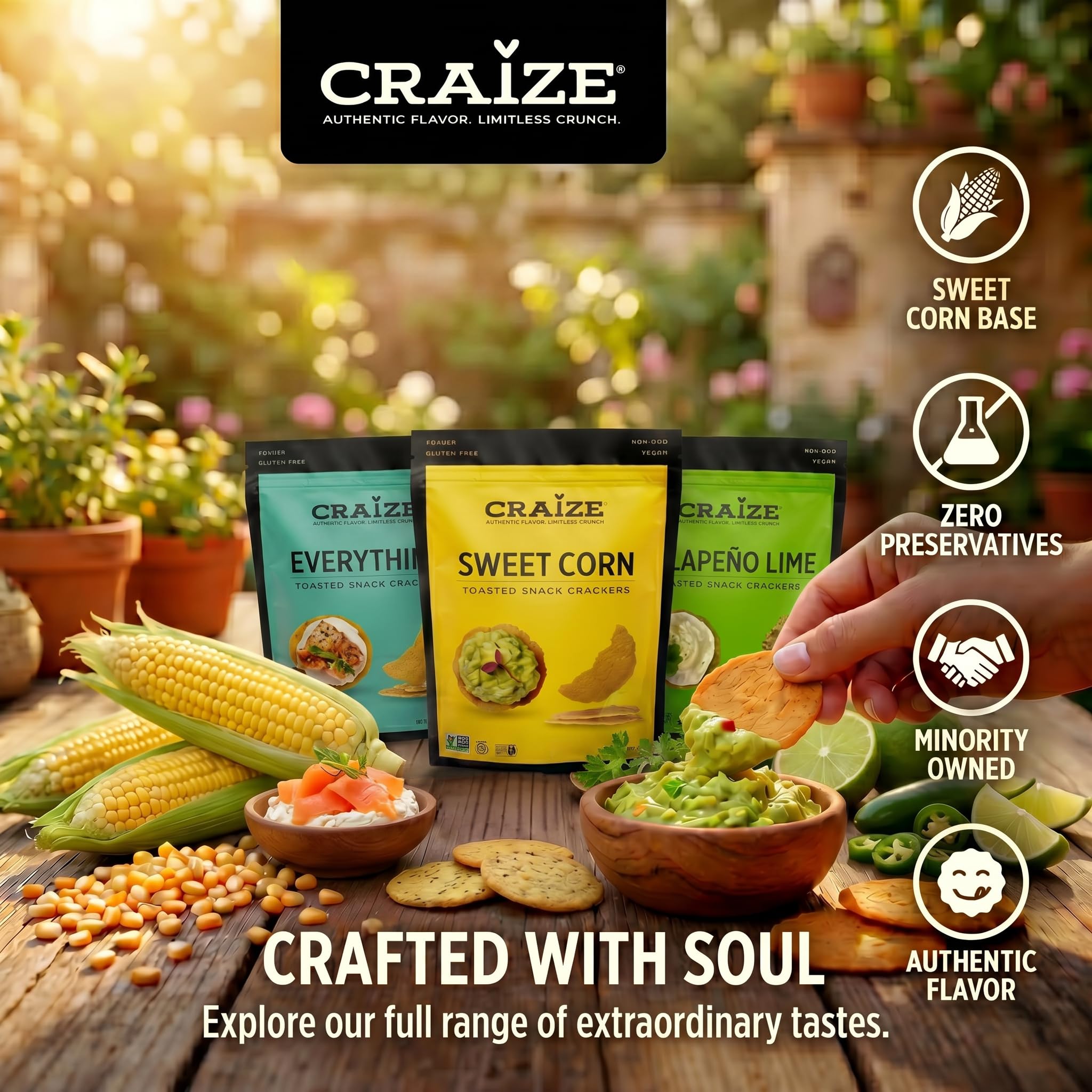 Craize Savory Mix | Sweet Corn x2, Everything, Jalepeno Lime | Gluten Free, Vegan, Kosher, Toasted Corn Crackers | 4 pack, 4 oz each