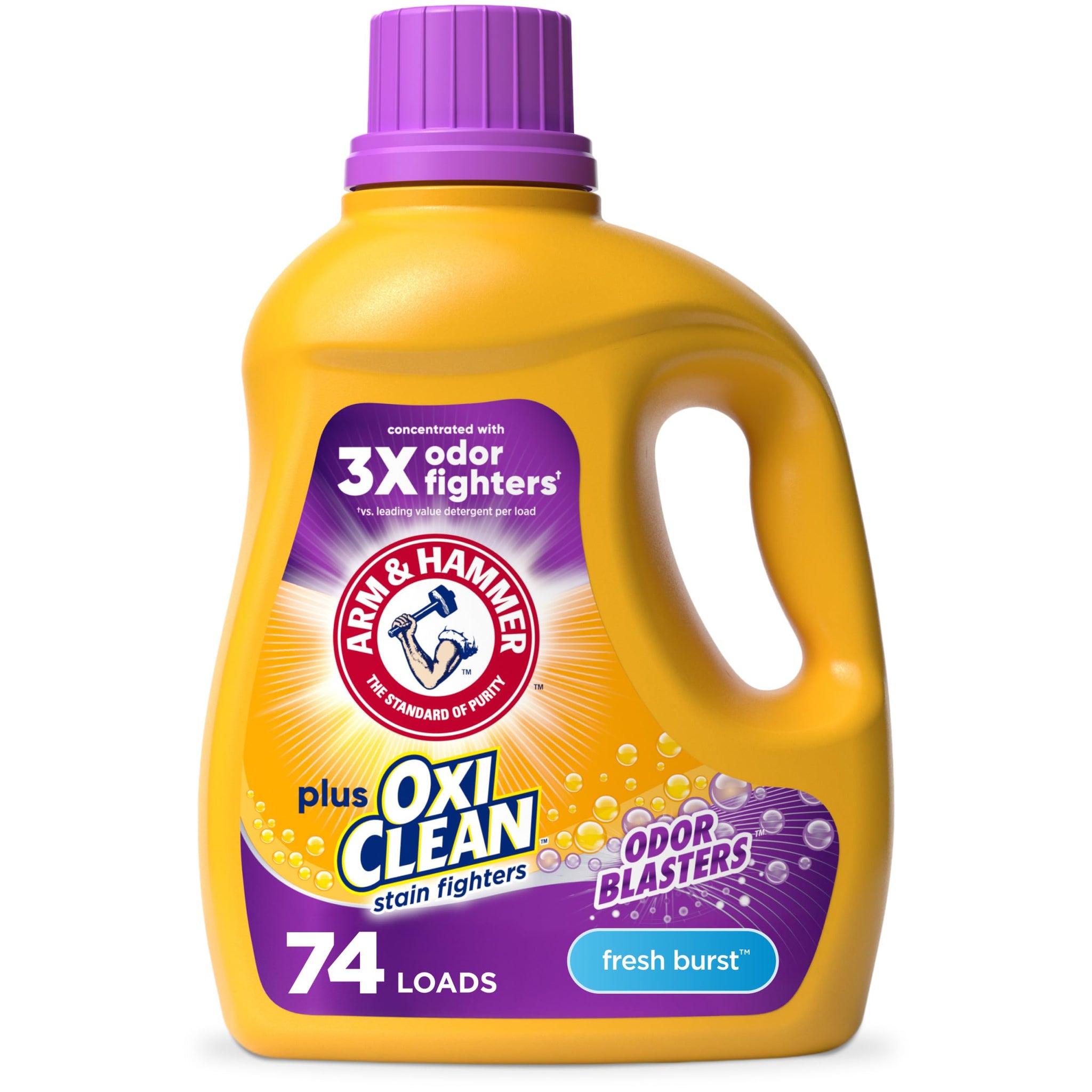 ARM & HAMMER Plus OxiClean with Odor Blasters Liquid Laundry Detergent, Laundry Odor Remover, Attacks Stains, Fresh Burst Scent, 74 Loads, 96.2 Fl Oz