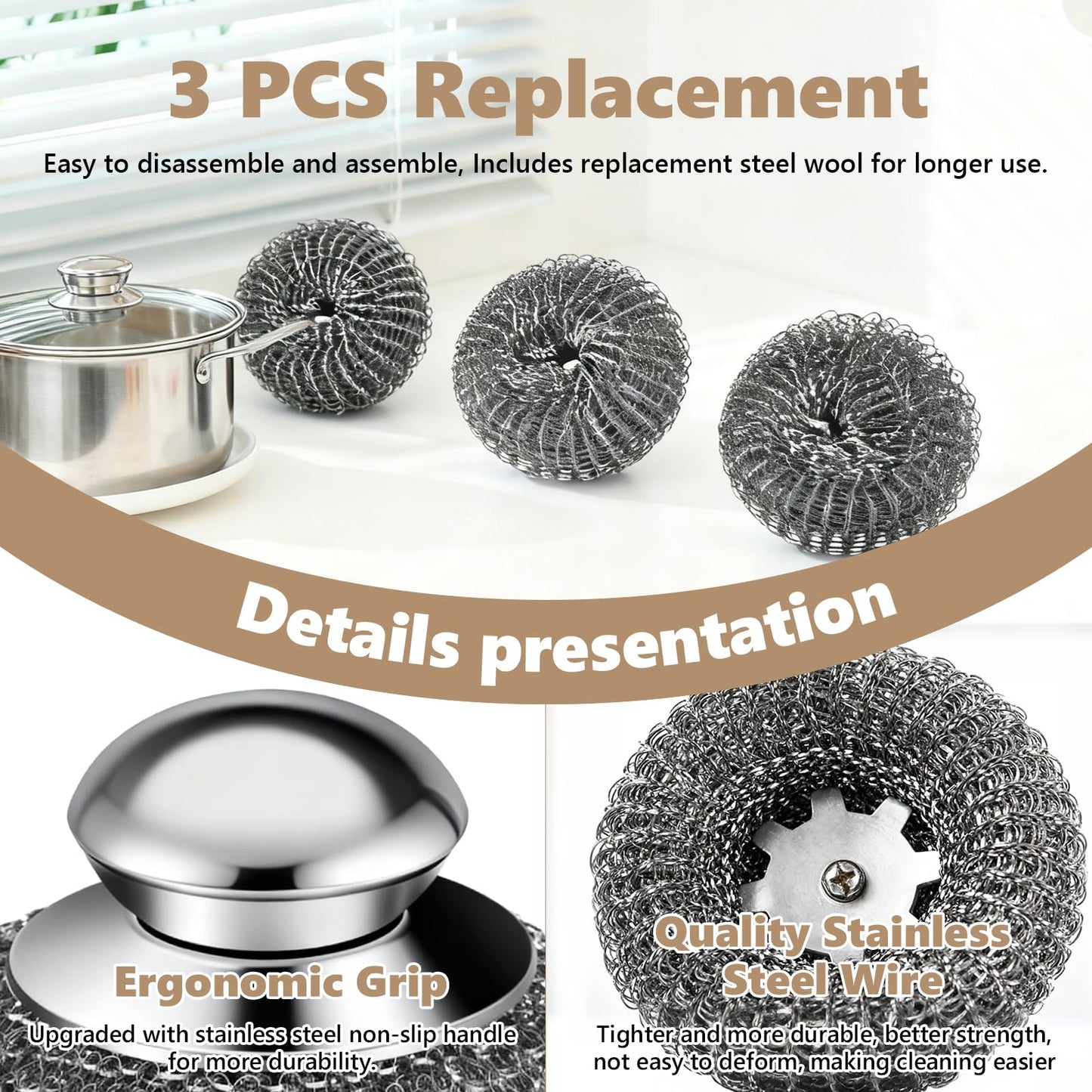 Steel Wool Scrubber, 4-Pack Stainless Steel Scrubber Pads with Handle - The Ultimate Scouring Solution for Rust, Stubborn Messes on Cookware, Grill