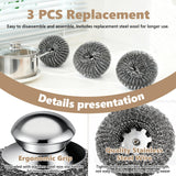 Steel Wool Scrubber, 4-Pack Stainless Steel Scrubber Pads with Handle - The Ultimate Scouring Solution for Rust, Stubborn Messes on Cookware, Grill