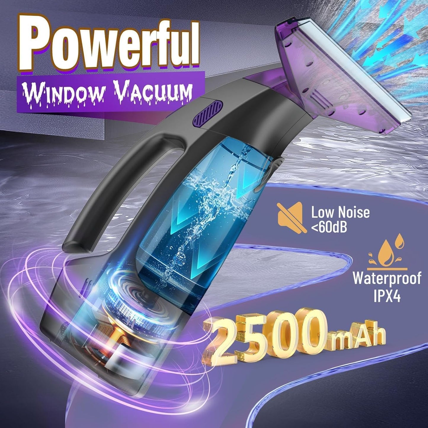Window Vacuum Squeegee Cordless, 2000Pa Electric Window Cleaner with Power Blade, Vacuum Squeegee for Window Cleaning, Streak-Free Window Vacuum