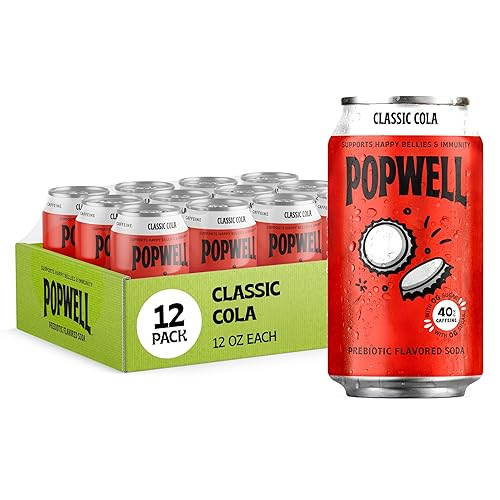 Popwell Classic Cola Caffeinated Better-For-You Prebiotic Soda, with 6g Fiber, 1g Sugar, Vitamins and Immunity Support, 12 fl oz Cans (pack of 12)
