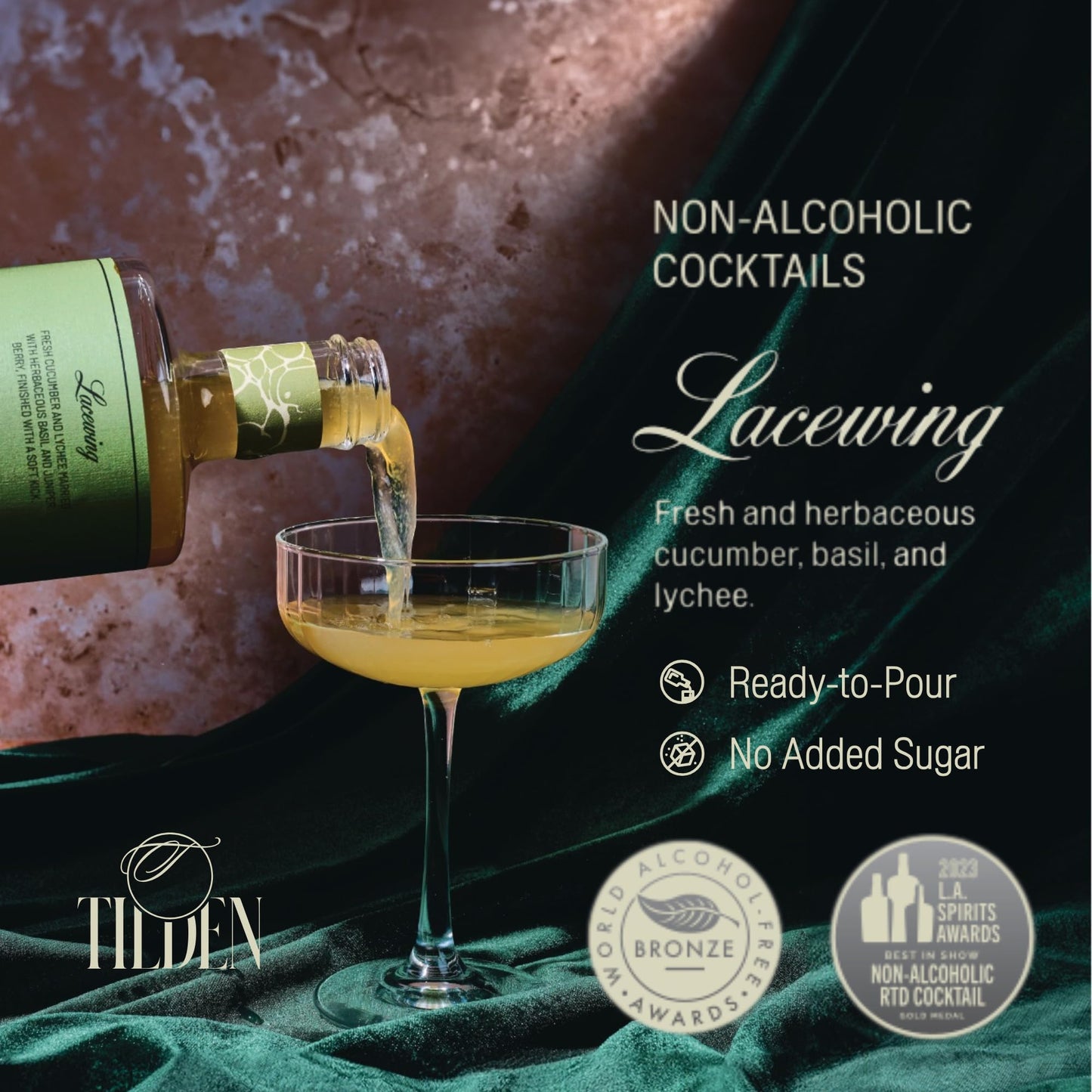Tilden Cocktails Lacewing,Multi Award Winning Non-Alcoholic Cocktail, Vegan and No Sugar Added, Cucumber, Basil, Lychee, and Juniper, 750ml