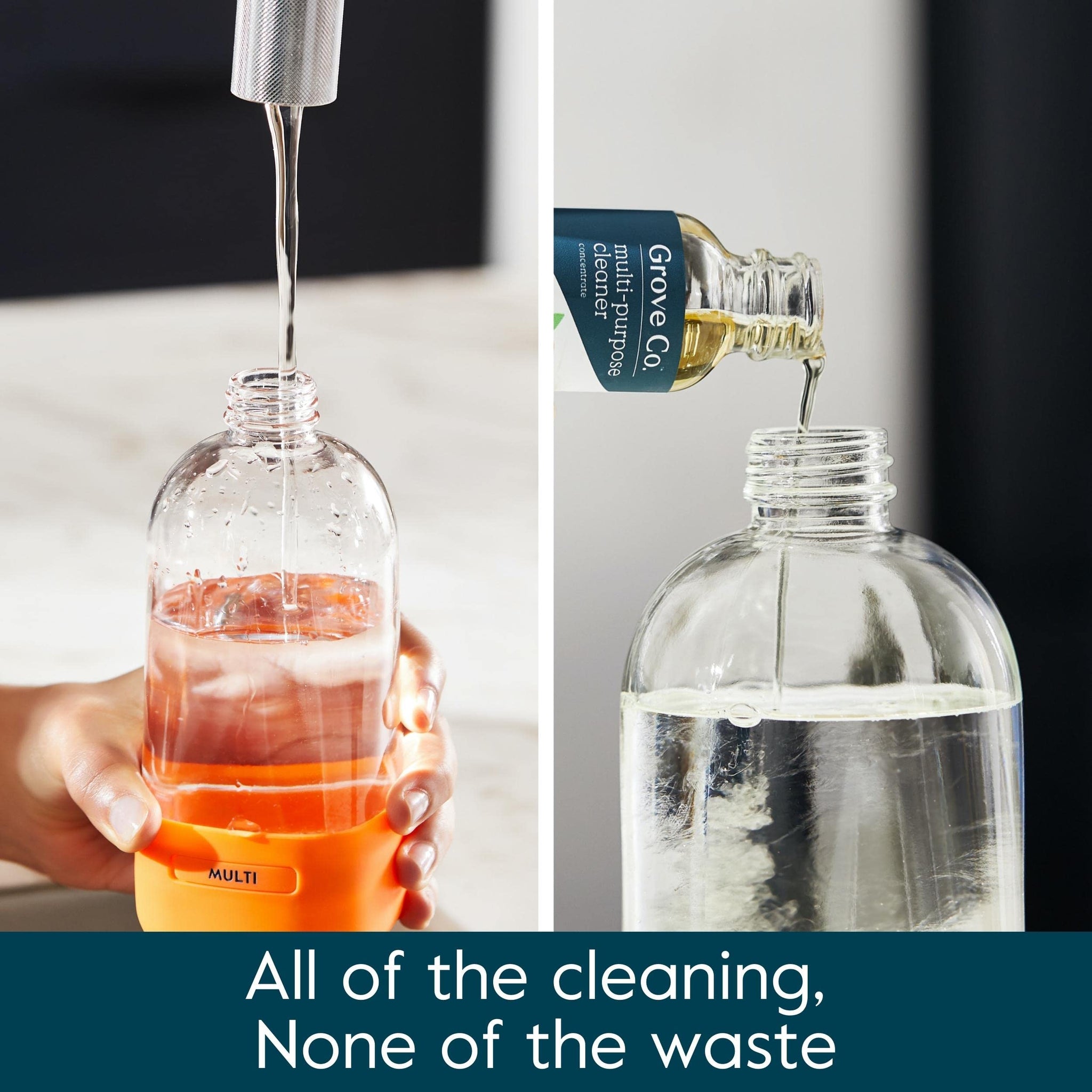 Grove Co. Multi-Purpose Cleaner, Refill Concentrate (2 x 1 Oz) + Glass Spray Bottle (16 Oz), Plant-based Household Cleaning Supplies Bundle, No