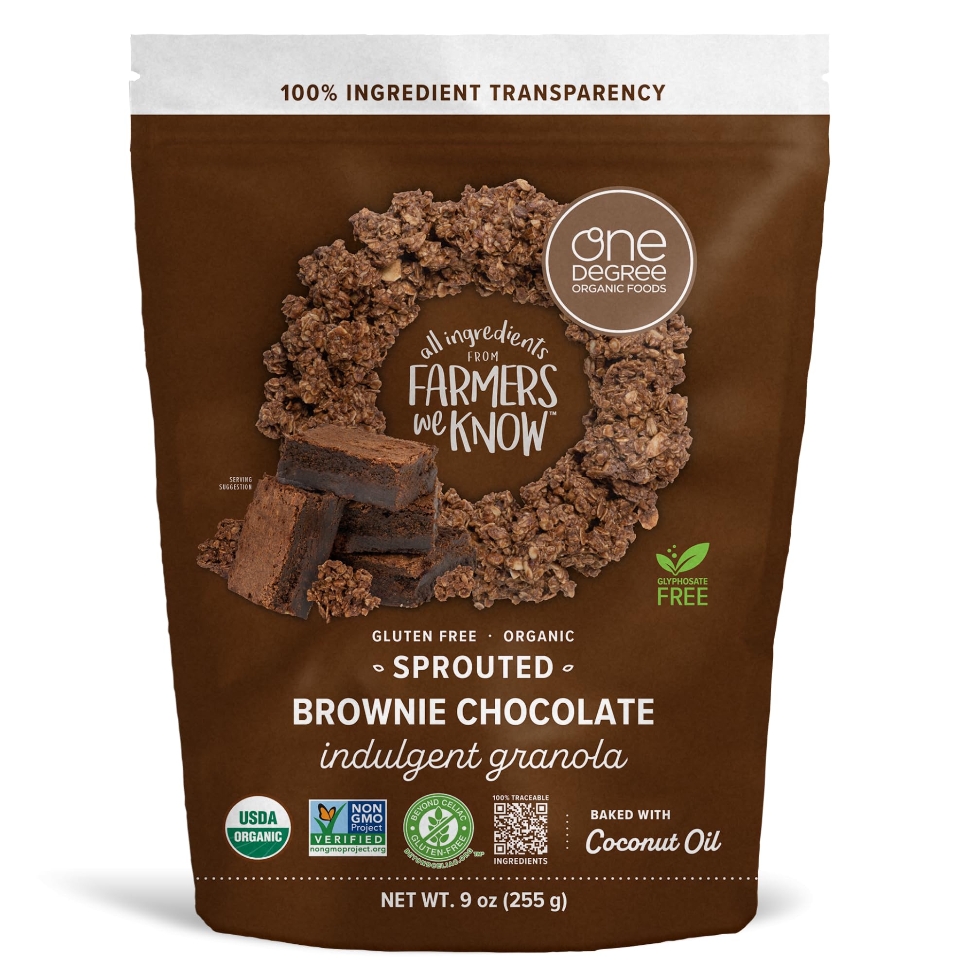 One Degree Organics Gluten Free Sprouted Brownie Chocolate Indulgent Granola, 9 ounce (Pack of 1)
