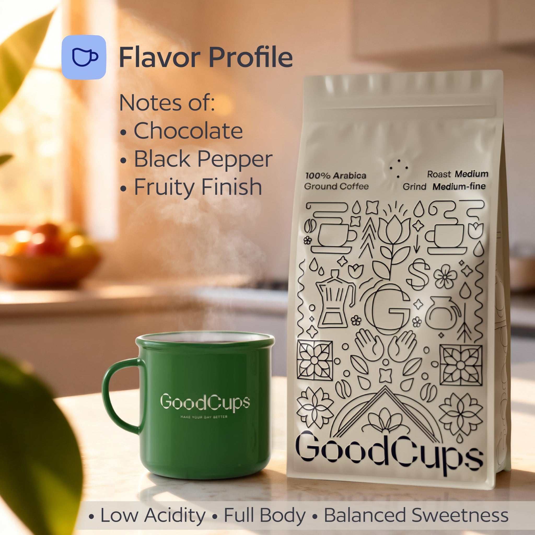GoodCups Ground Coffee, Medium Roast - Smooth, Low Bitterness, Balanced Flavor, 100% Arabica, Easy to Drink Daily Coffee, Rich Aroma