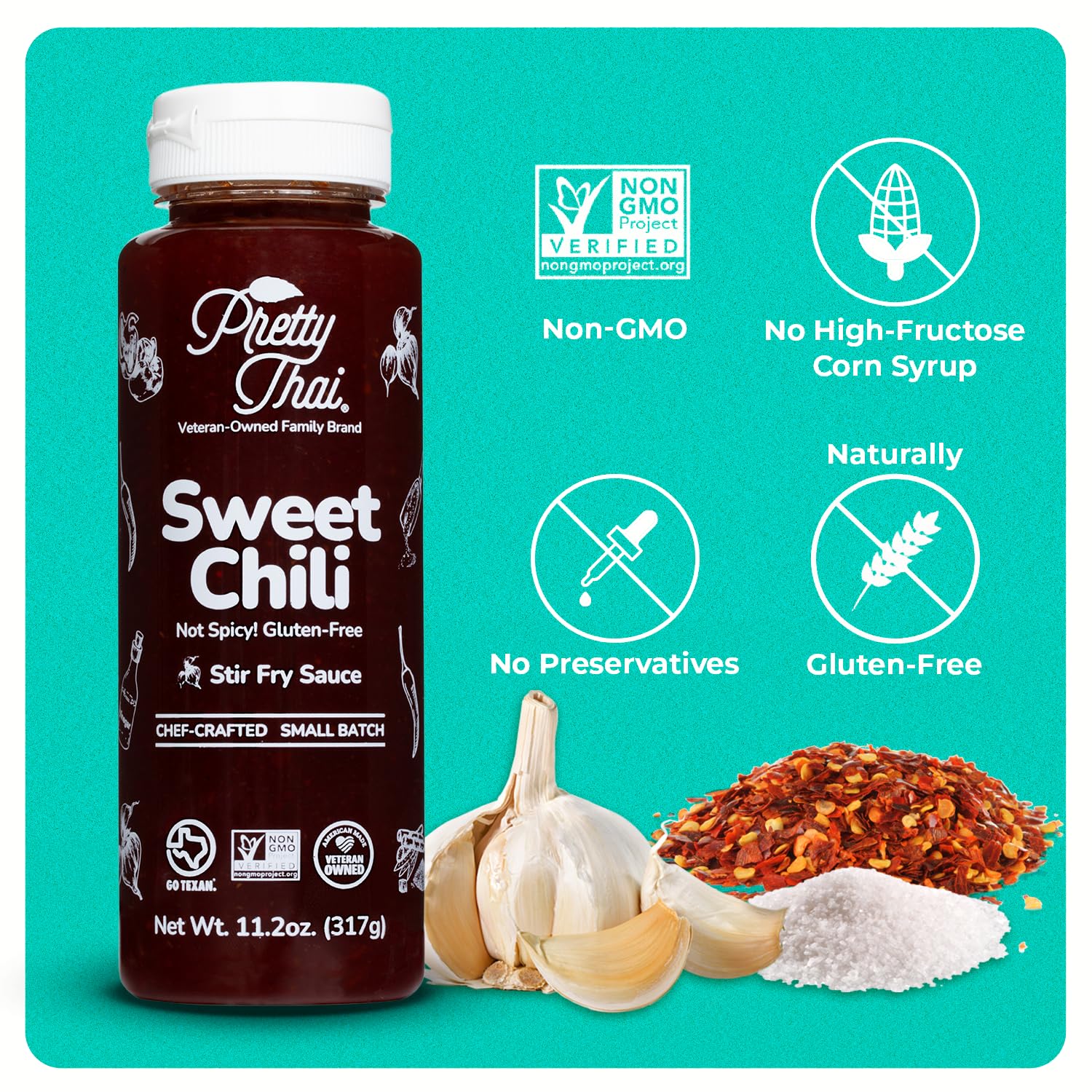 Pretty Thai Sweet Chili Sauce, Gluten Free Certified Non-GMO Authentic Vegan Stir Fry, BBQ Condiment, Dipping Sauce, Rice Seasoning, 100% Natural