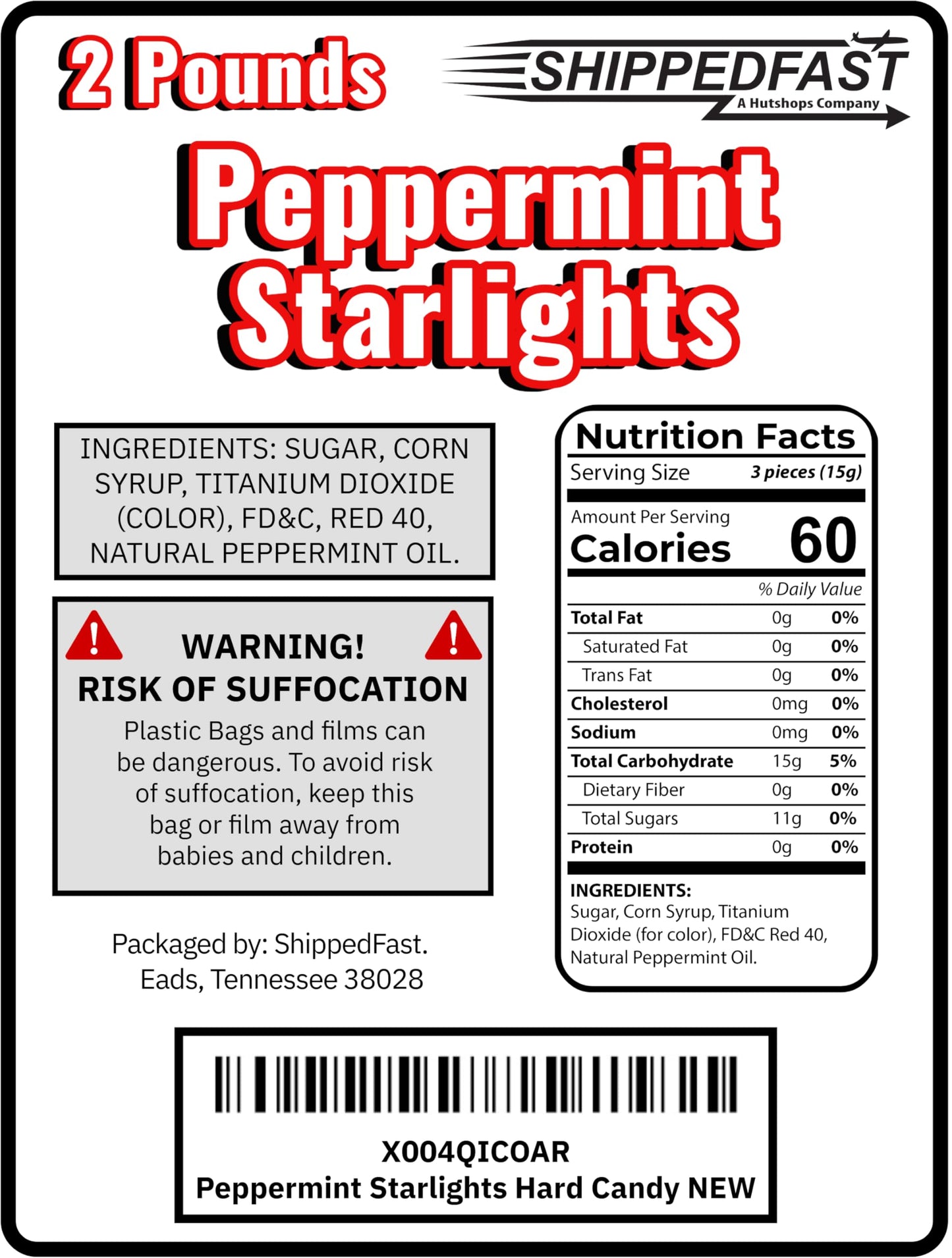 ShippedFast Peppermint Starlights Hard Candies, Real Peppermint Oil Infused Candy Mints, 2 Pound Bag
