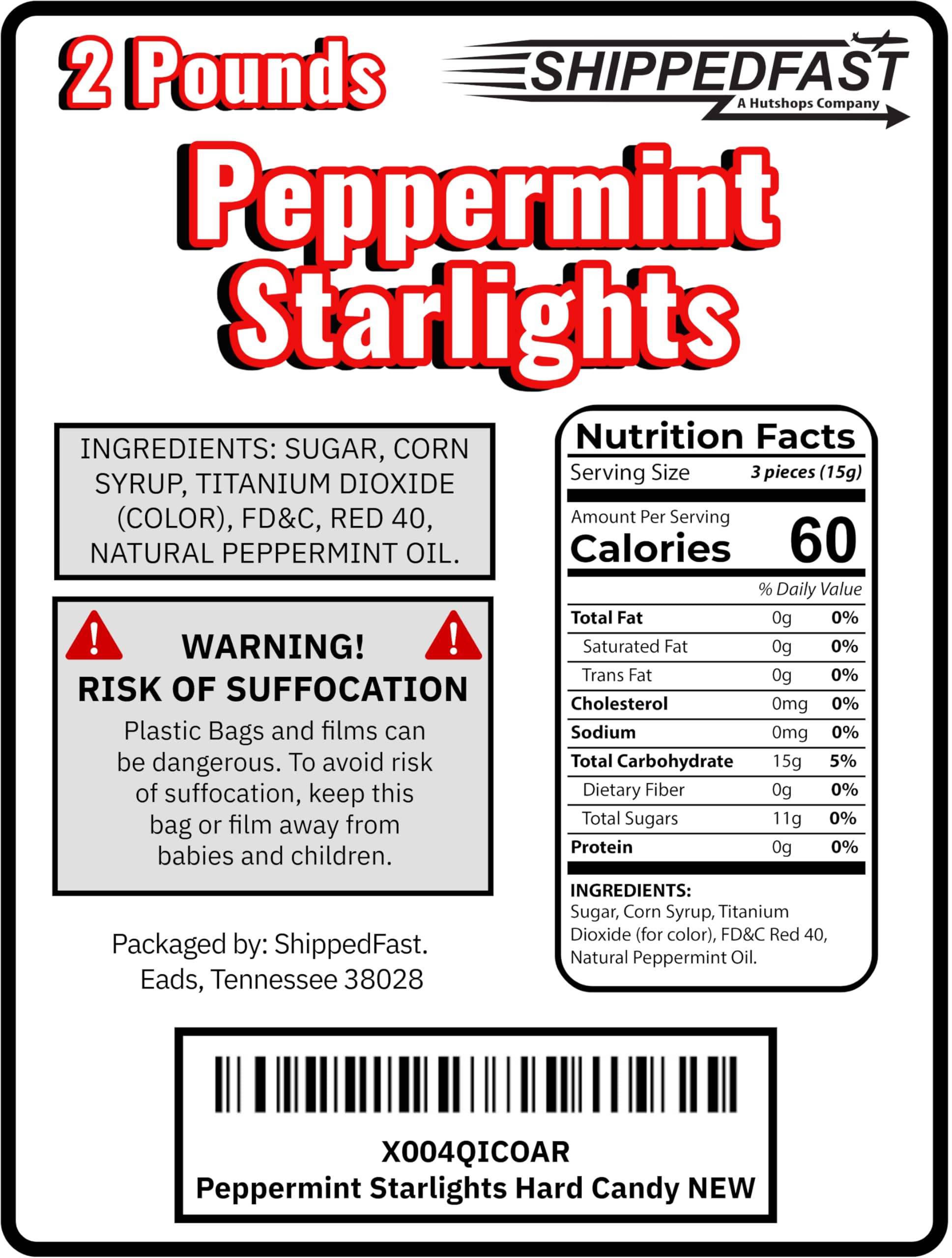 ShippedFast Peppermint Starlights Hard Candies, Real Peppermint Oil Infused Candy Mints, 2 Pound Bag