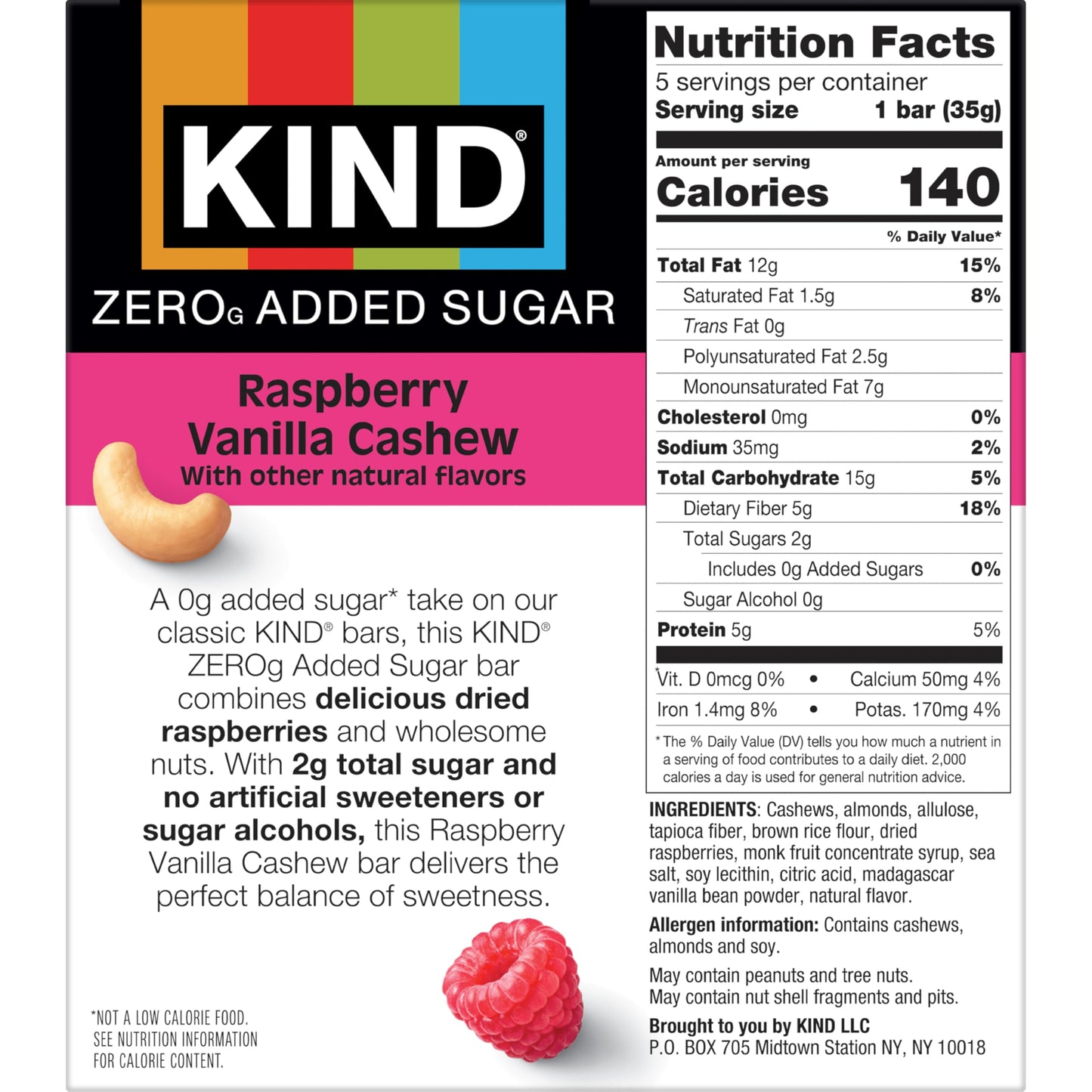 KIND ZEROg Added Sugar Keto Snack Bars, Low Sugar, Gluten Free, Raspberry Vanilla Chashew, 5 Count