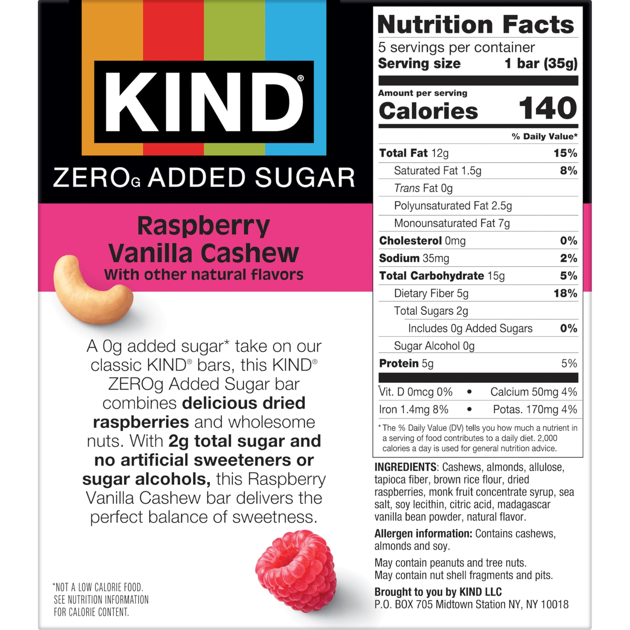 KIND ZEROg Added Sugar Keto Snack Bars, Low Sugar, Gluten Free, Raspberry Vanilla Chashew, 5 Count